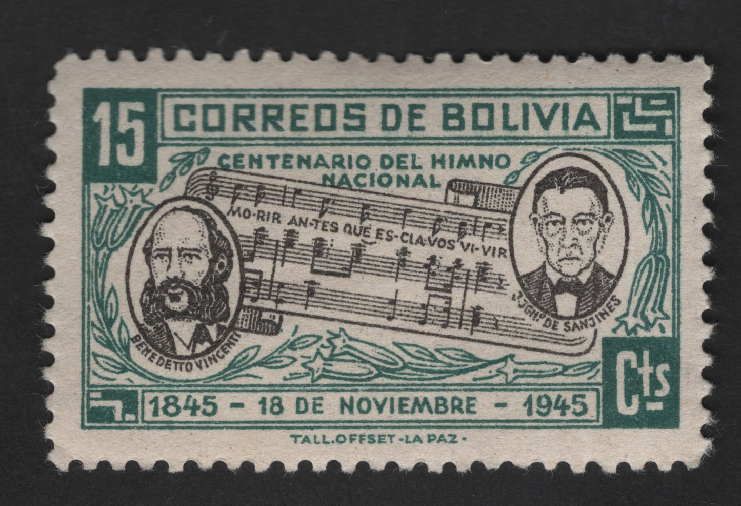 SCG12681 - Bolivia 1945 – Centenary of the National Anthem 15 Cts Commemorative Stamp