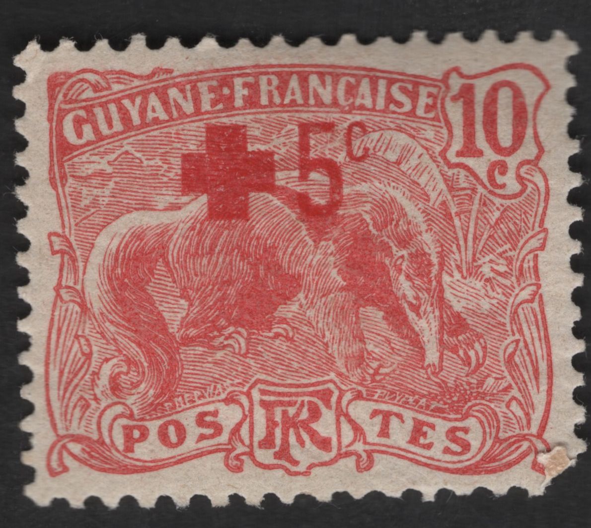 SCG12616 - French Guiana 10 Centimes Red Cross Surcharged Stamp (WWI Relief Issue)