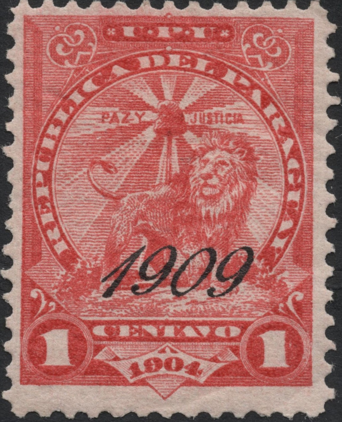 SCG7710 - Paraguay 1909 Overprint on 1904 "Lion and Liberty Cap" 1 Centavo