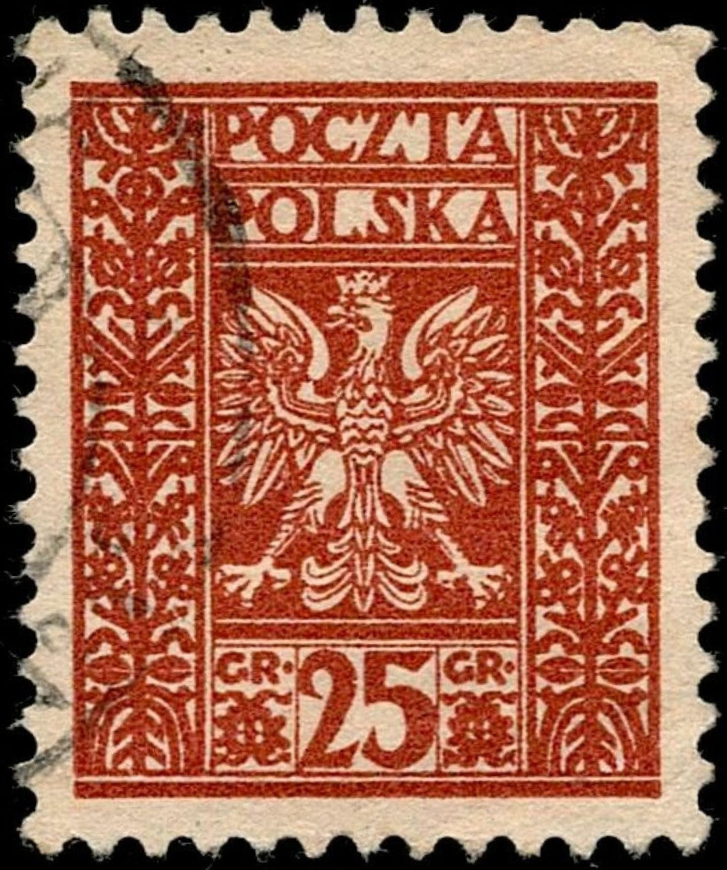 SCG613 - Poland 25 Groszy Red Eagle Coat of Arms Used Stamp