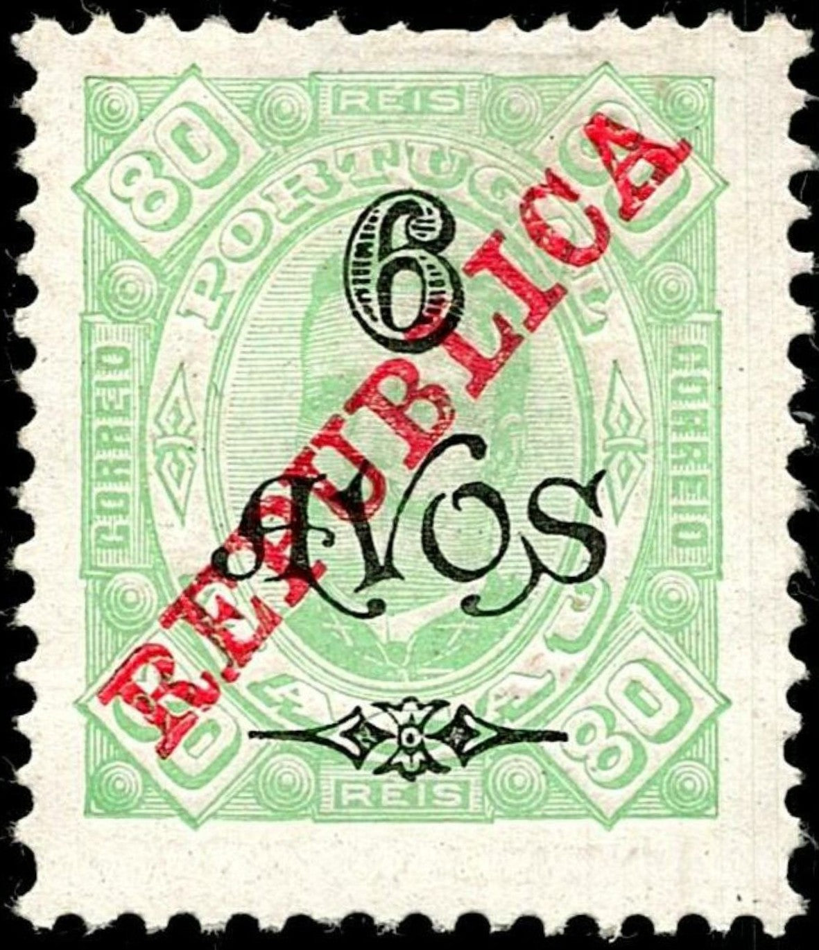 SCG742 - Portugal 80 Reis Overprinted Republica 6 Avos Stamp