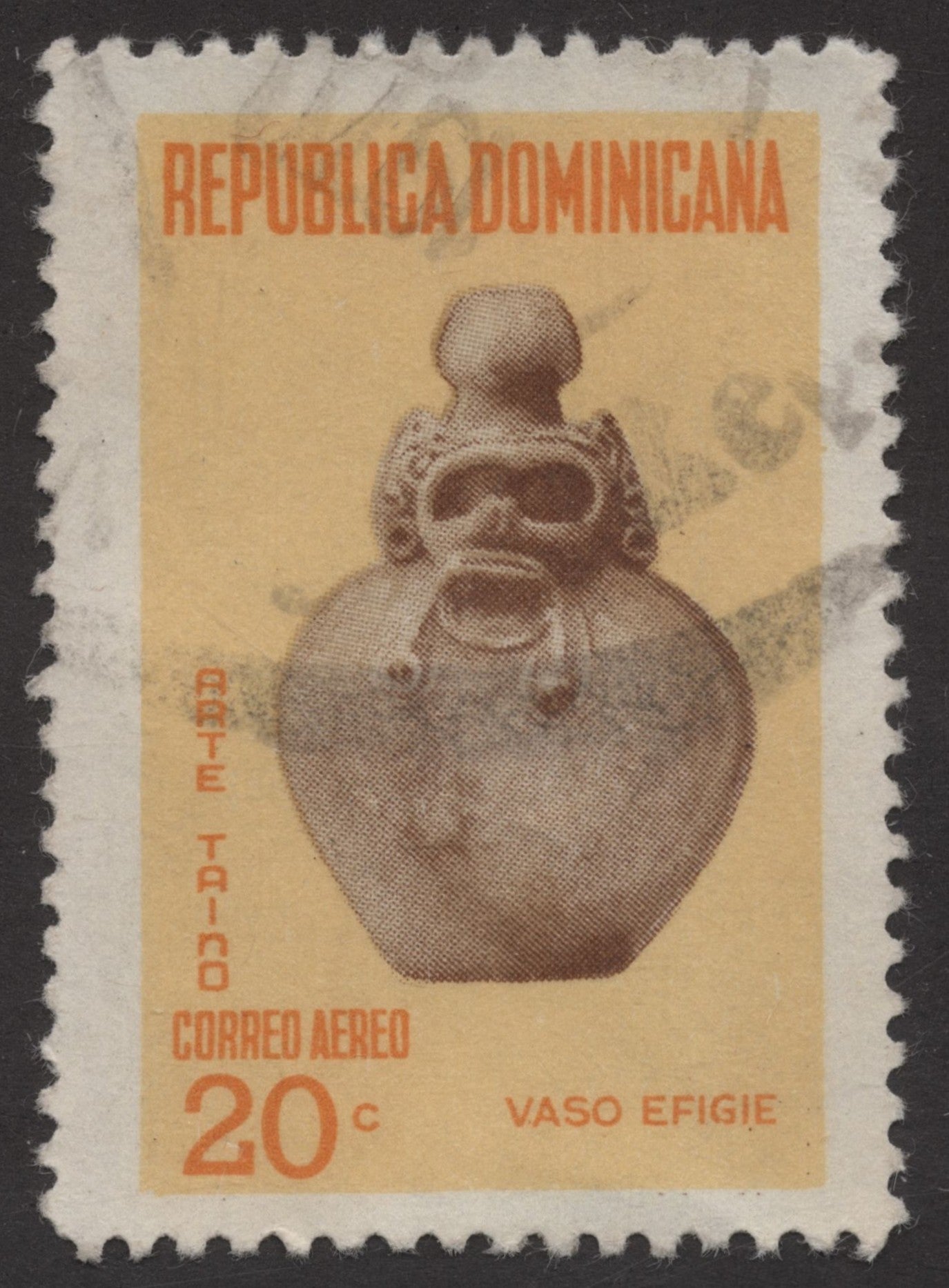 SCG214 Used Dominican Republic 20 Centavos Airmail Stamp – Taino Effigy Vessel