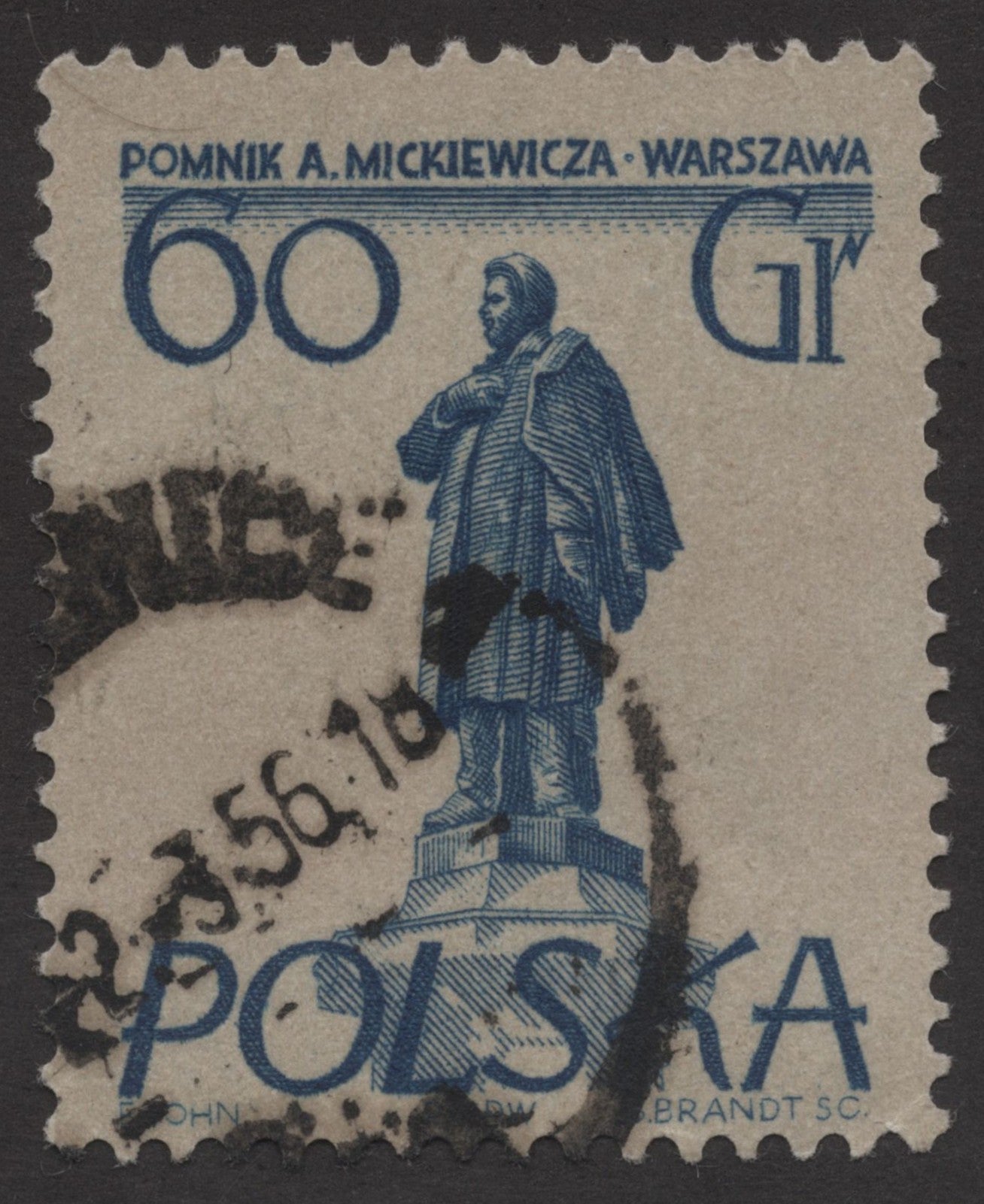 SCG222 Used Poland 60 Groszy Stamp – Adam Mickiewicz Monument, Warsaw
