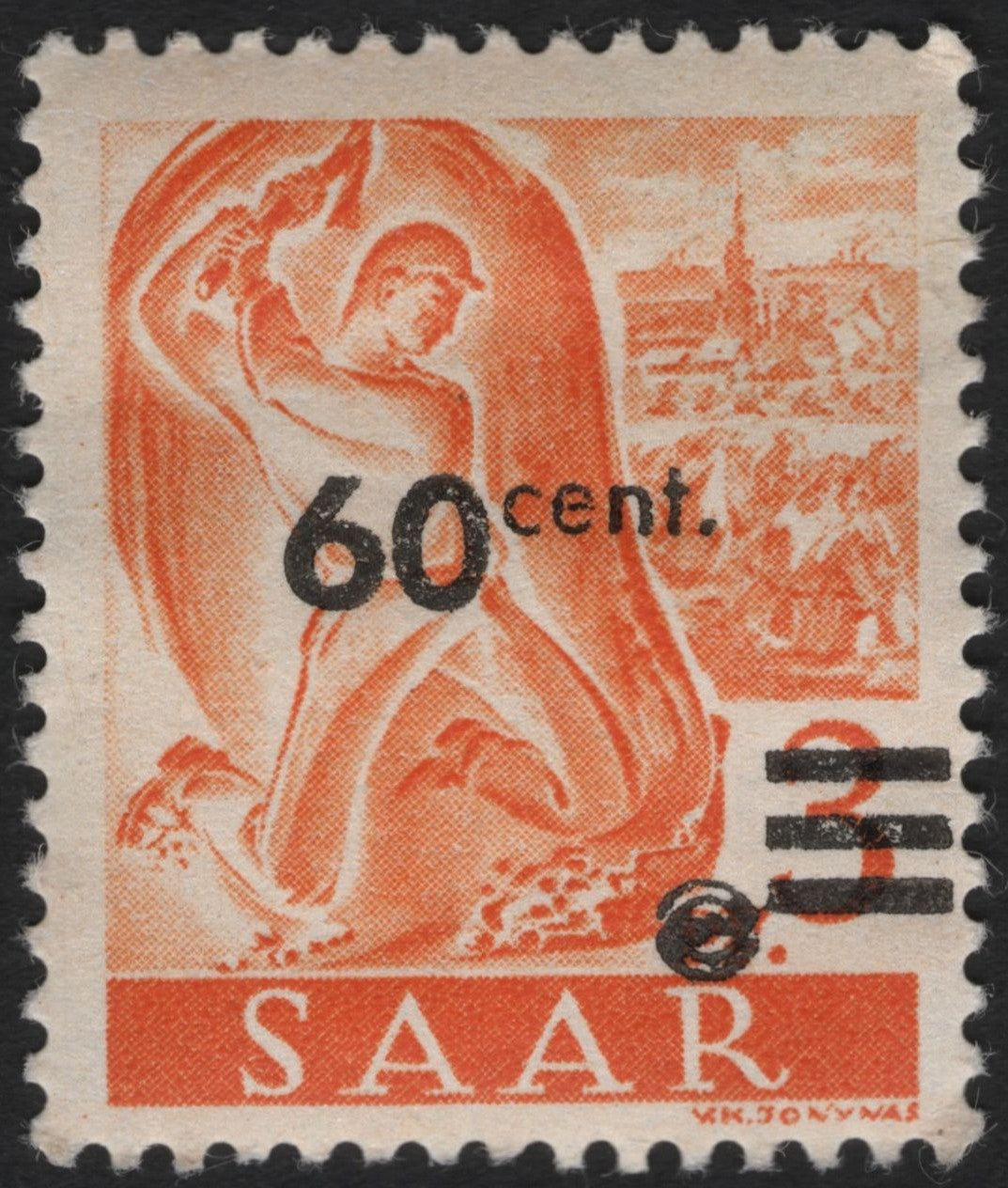 SCG9170 - Saar 60c on 3f Orange “Industrial Worker” Surcharge (France Administration)