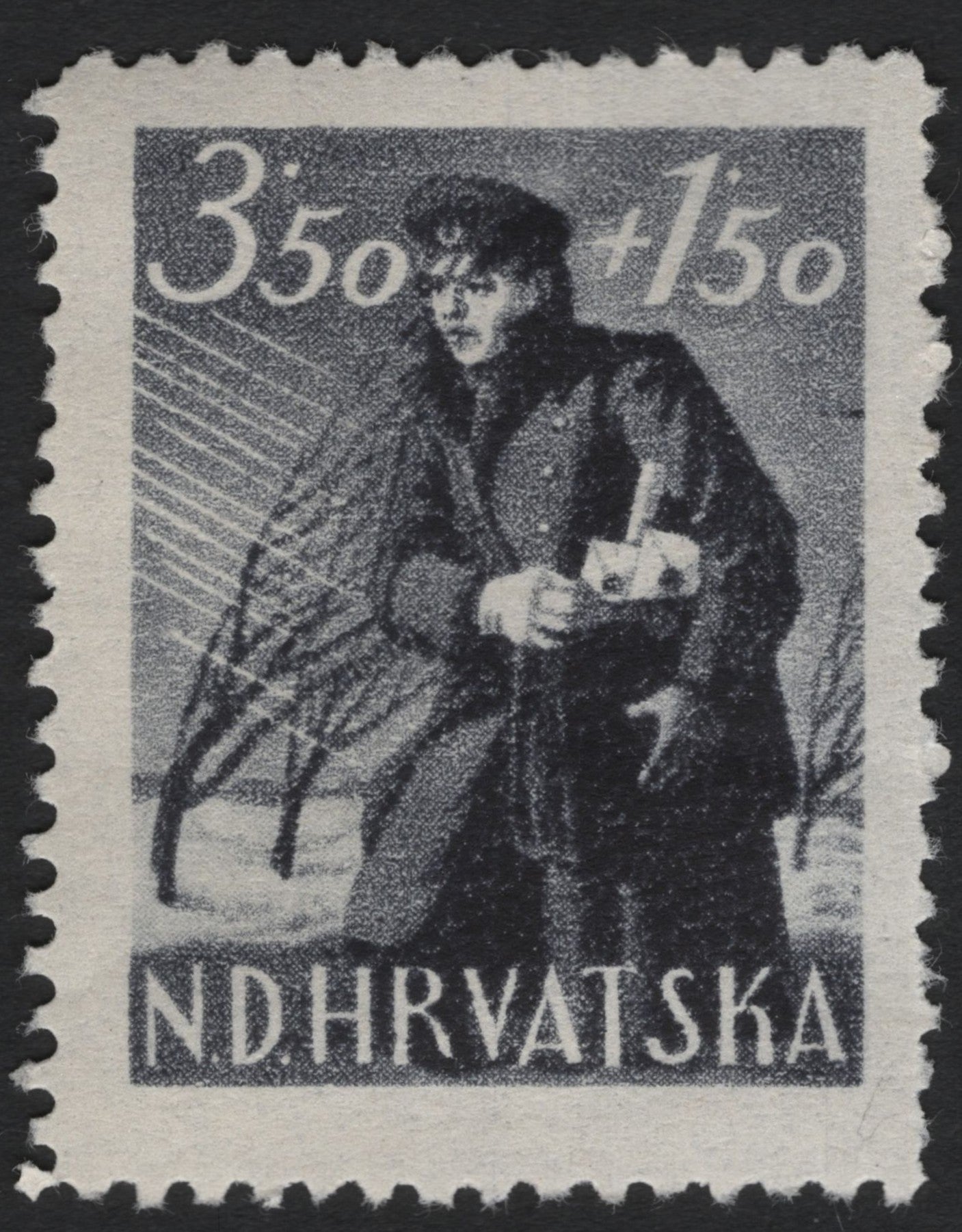 SCG9140 - Croatia (NDH) 1942 Winter Relief Semi-Postal – 3.50k + 1.50k “Soldier in Winter Coat”