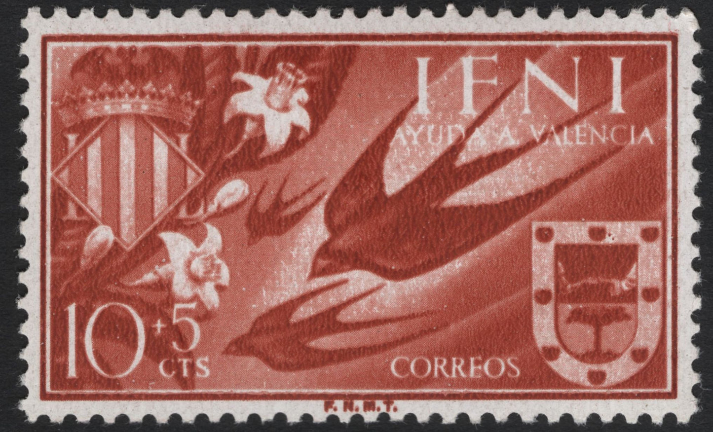 SCG10314 - Ifni 1953 “Ayuda a Valencia” Semi-Postal Set of 3 – Swallows & Heraldic Shields (Spain/Ifni)