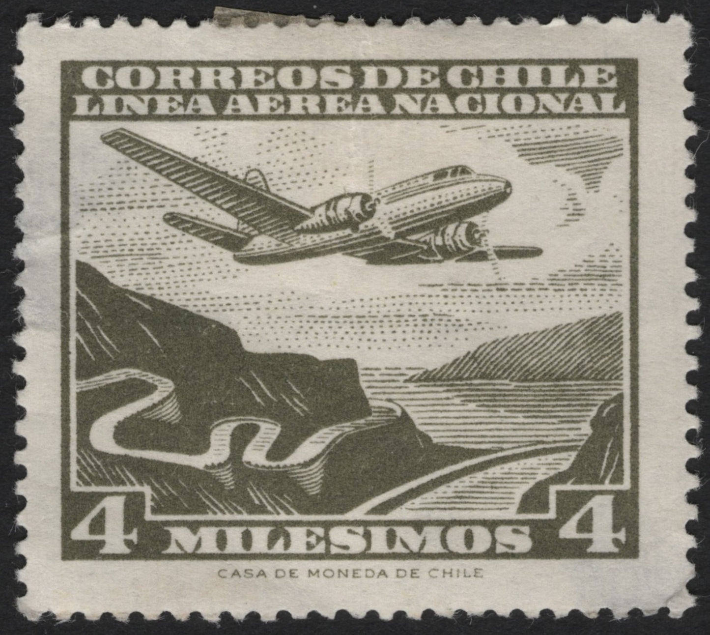 SCG9716 - Chile – National Air Line Airmail Stamp (4 Milesimos), c.1940s – Aircraft over Andean Route