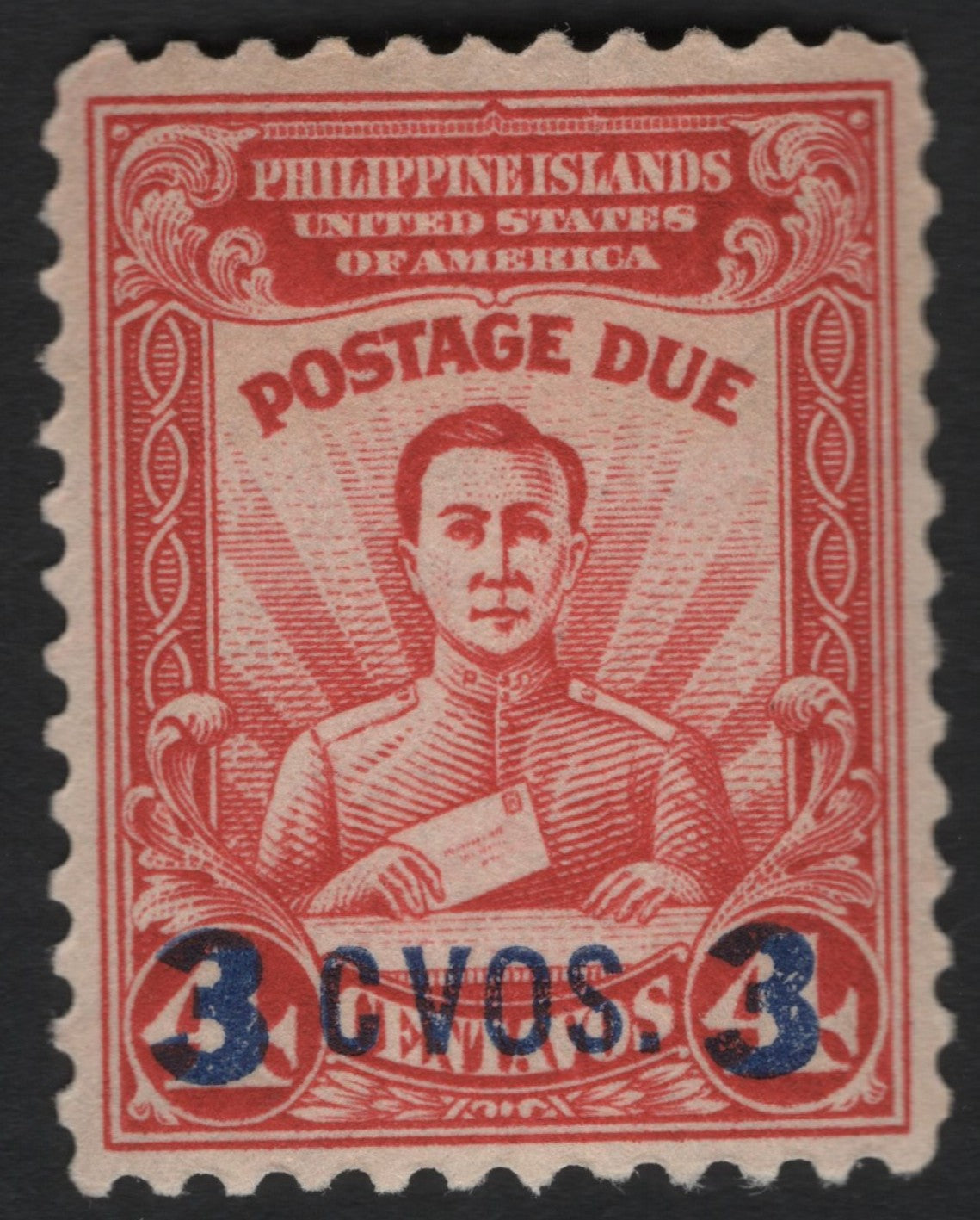 SCG9376 - Philippine Islands Postage Due – 3 Centavos Blue Surcharge on 3c Red