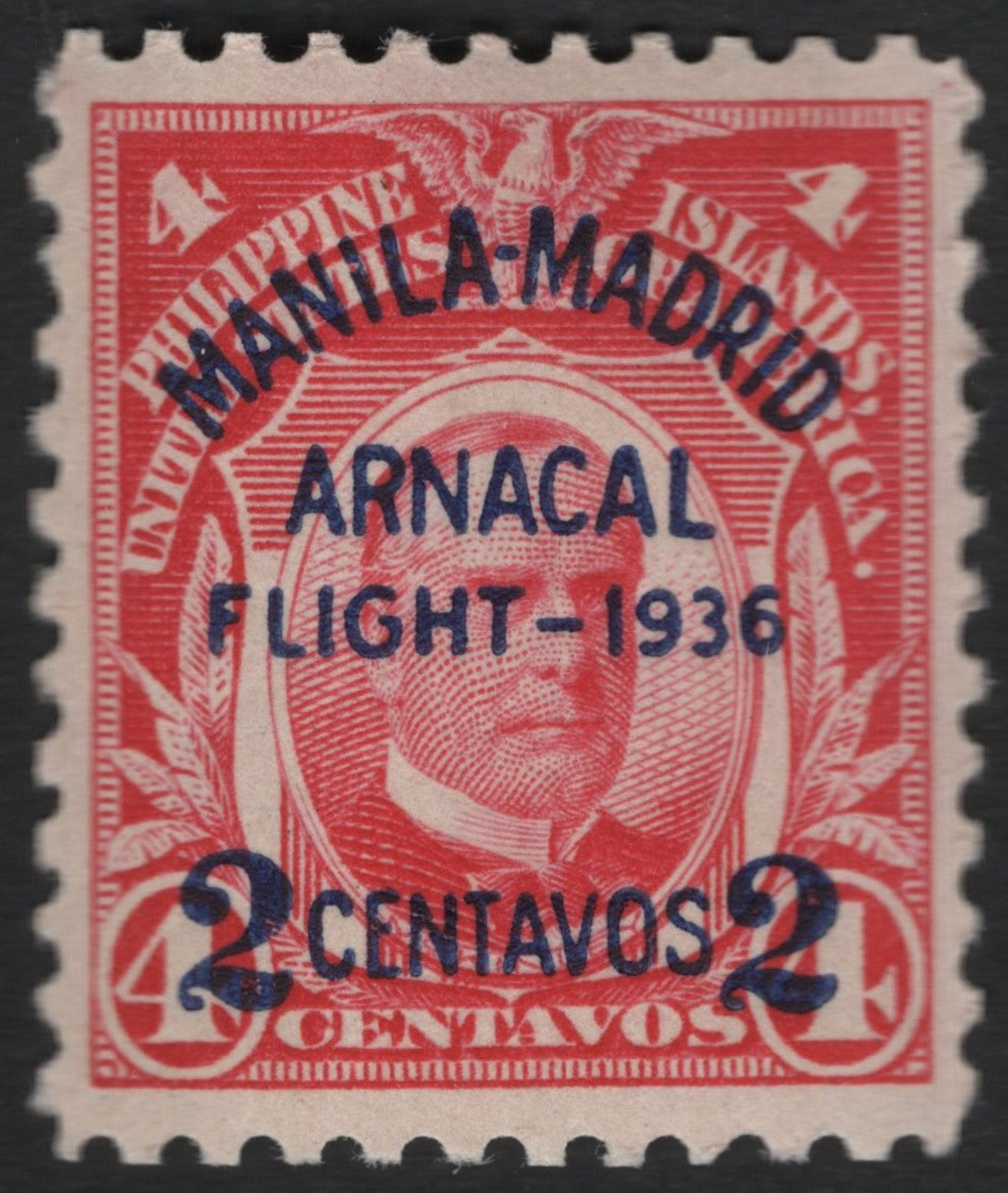 SCG9387 - Philippines 1936 Manila–Madrid ARNACAL Flight Overprint – 2c on 4c Carmine