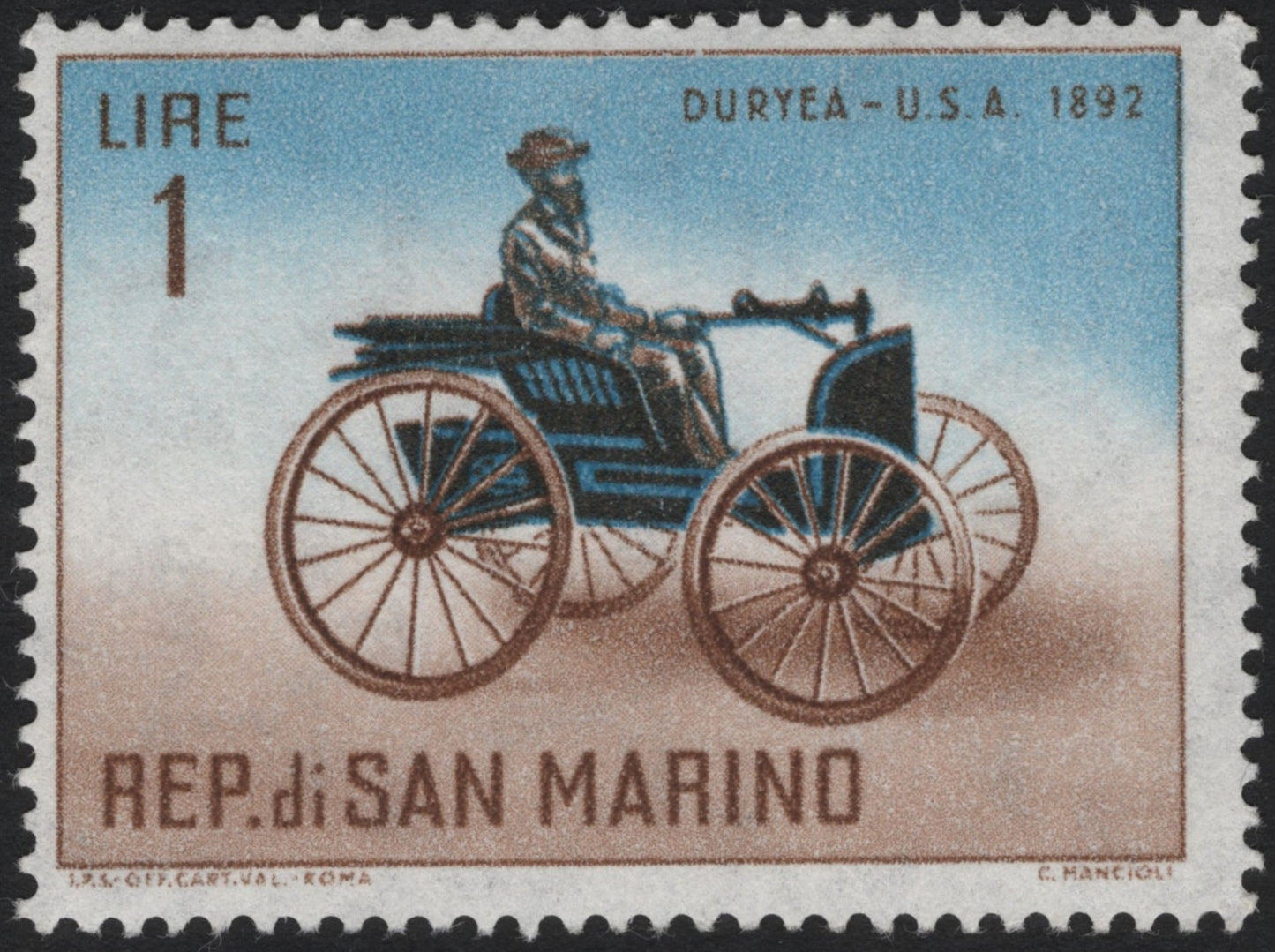 SCG8198 - San Marino 1962 “Duryea Automobile, USA 1892” – 1 Lira