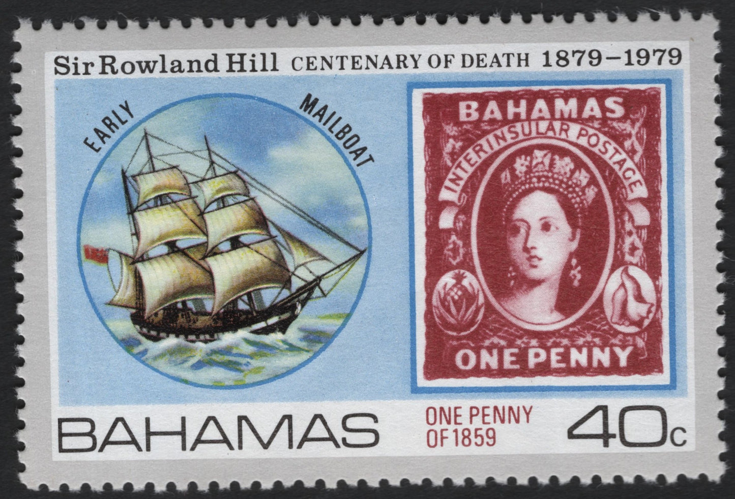 SCG10091 - ๐ง๐ธ Bahamas 1979 โ Sir Rowland Hill Centenary of Death, 40c (Mailboat & 1859 1d Stamp)