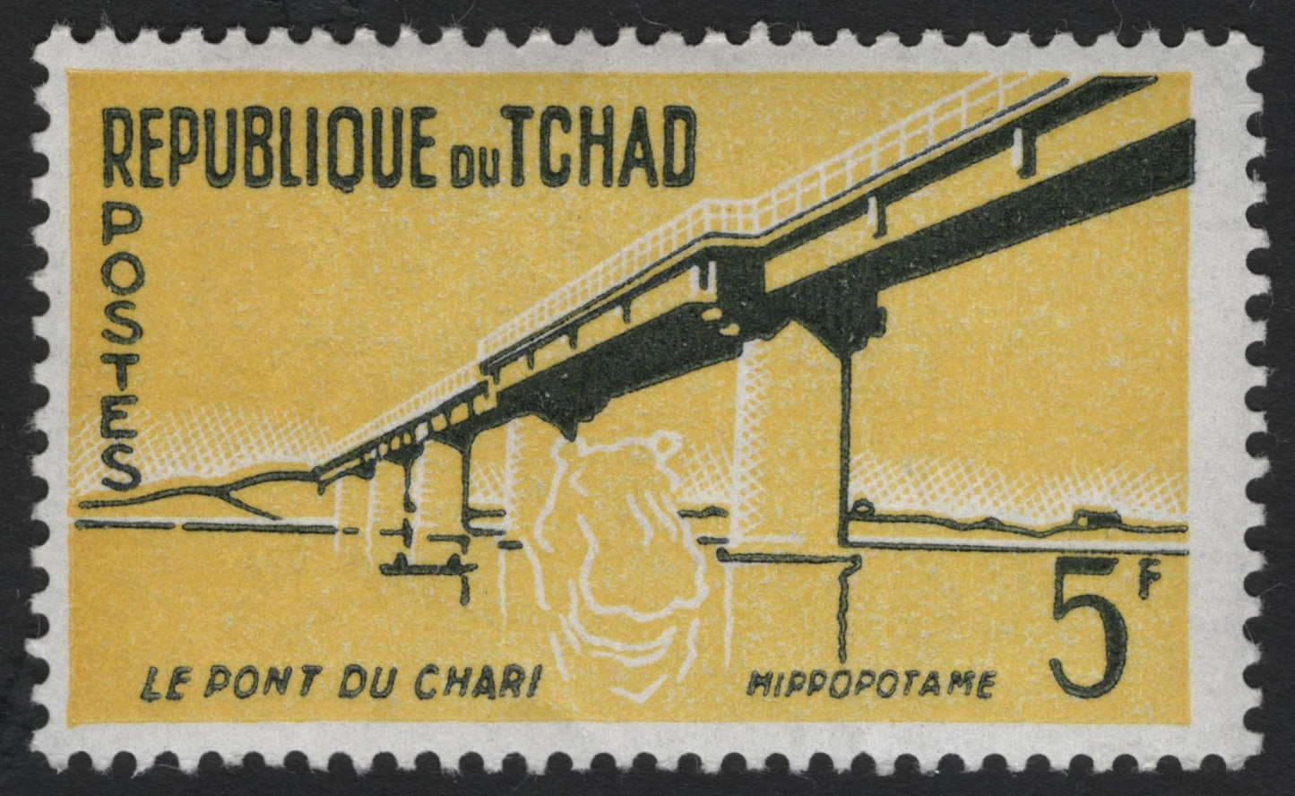 SCG9798 - Chad 5 Francs – Chari Bridge with Hippopotamus (c.1960s)