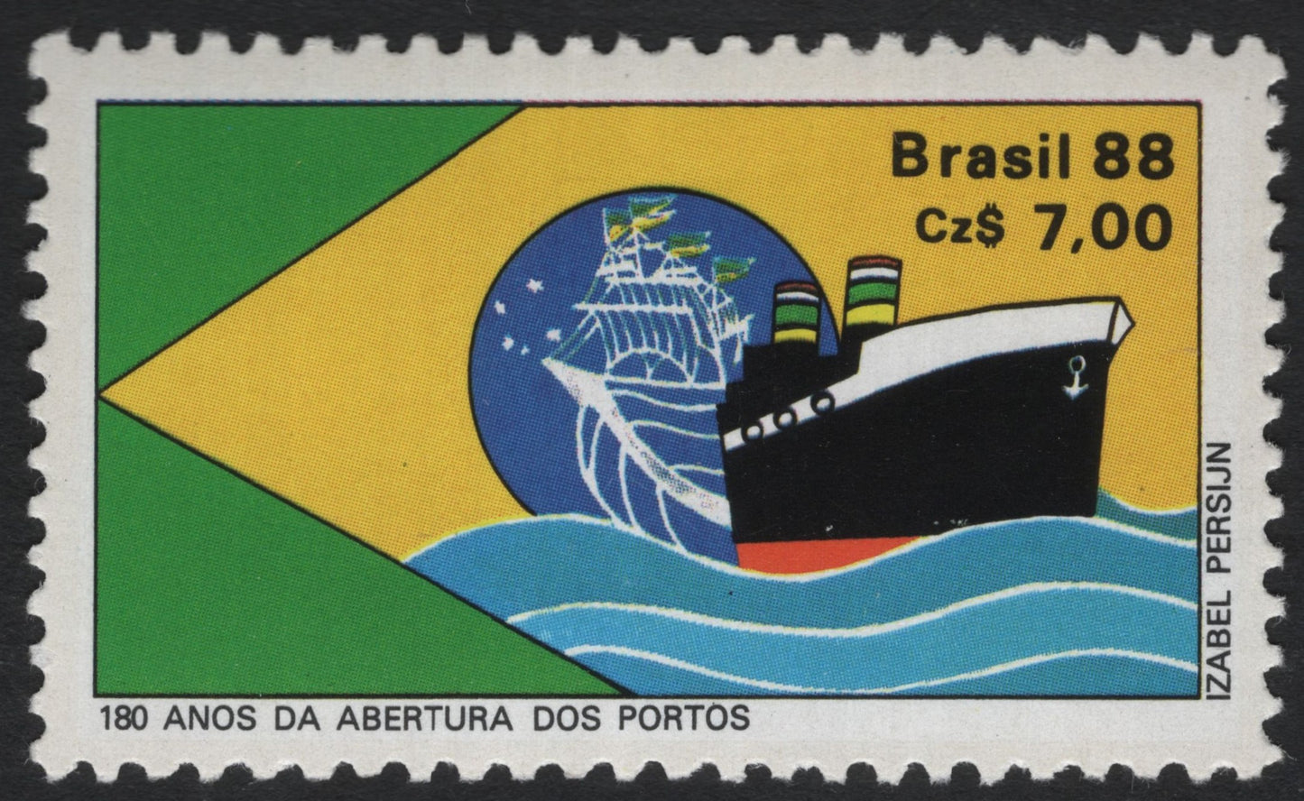 SCG9806 - 🇧🇷 Brazil 1988 – 180 Years of the Opening of the Ports (Ship Design) – Cz$ 7.00