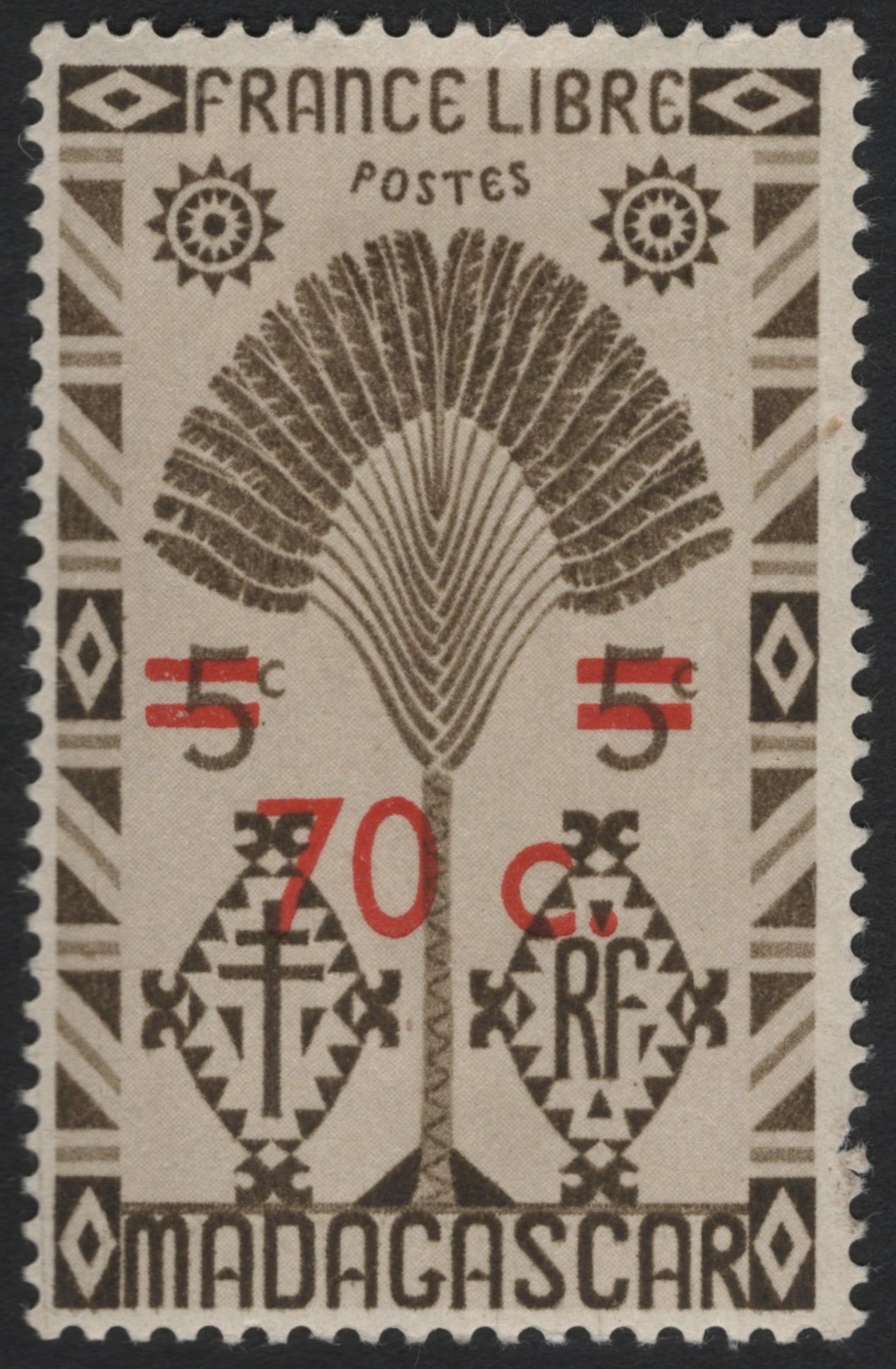 SCG6707 - Madagascar 1943 “France Libre” Overprint – 70c on 5c Palm Tree Issue