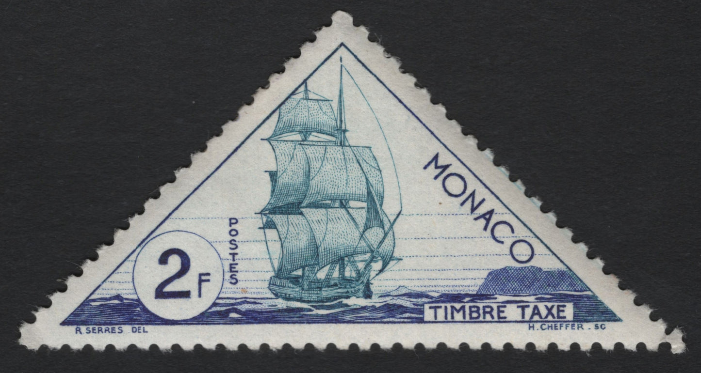SCG6735 - Monaco 2 Francs Postage Due – Sailing Ship (Timbre Taxe, c.1950s)