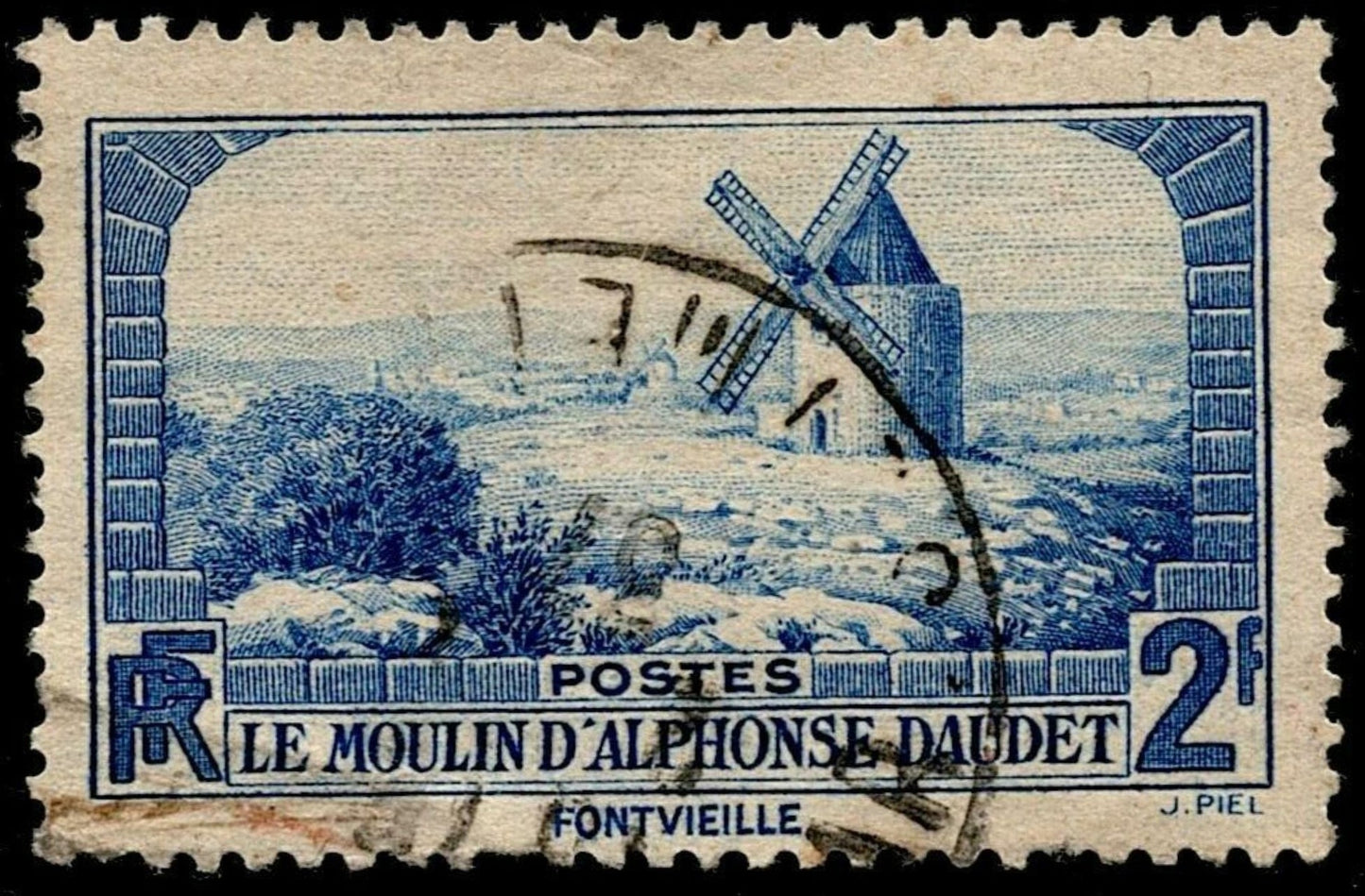 SCG671 - France 2 Franc Le Moulin d’Alphonse Daudet Windmill Stamp (Used)