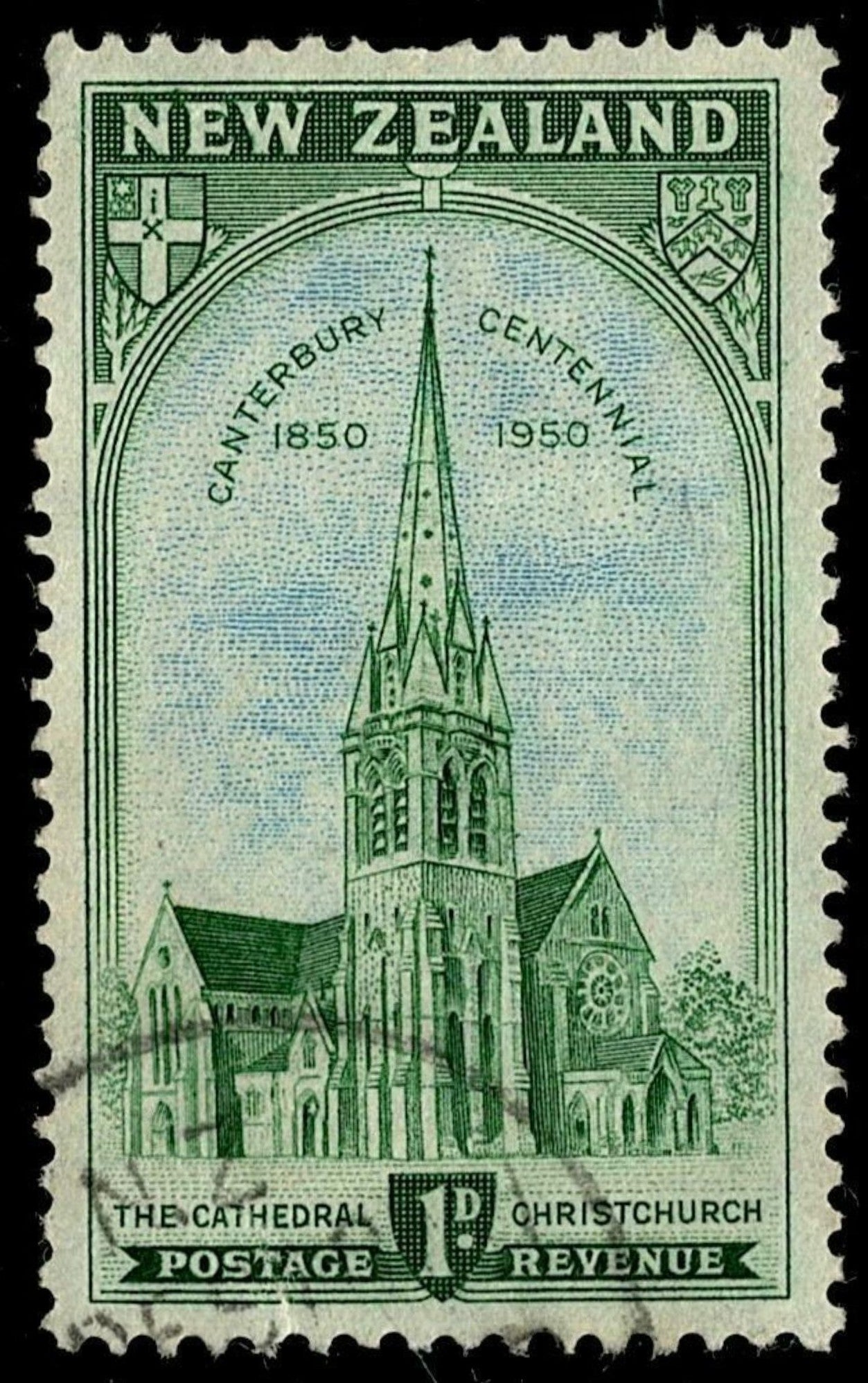 SCG674 - New Zealand 1950 Canterbury Centennial Christchurch Cathedral Stamp (Used)