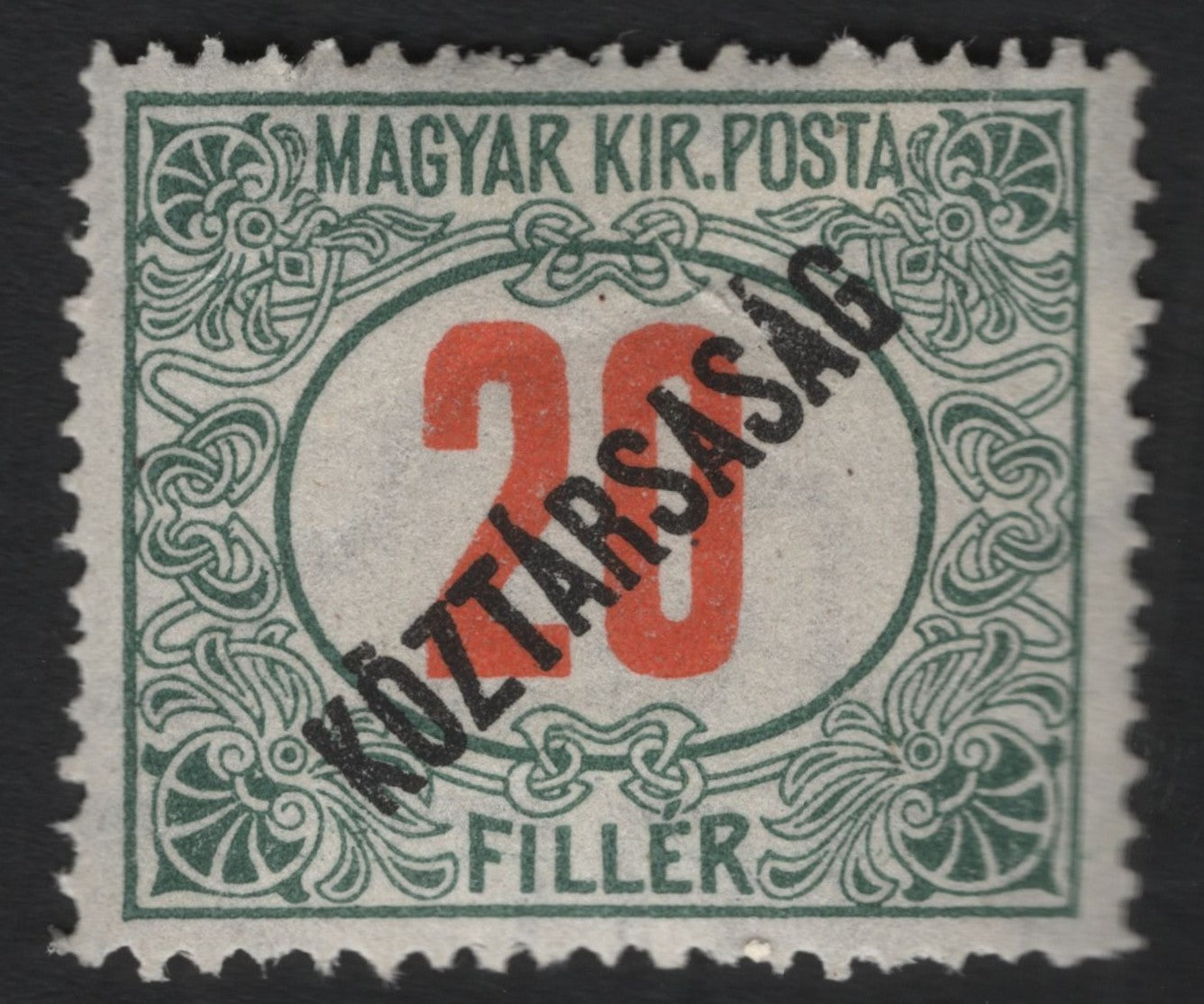 SCG9594 - đź‡đź‡ş Hungary – 1919 “Köztársaság” Overprint (20 FillĂ©r, Green & Red)