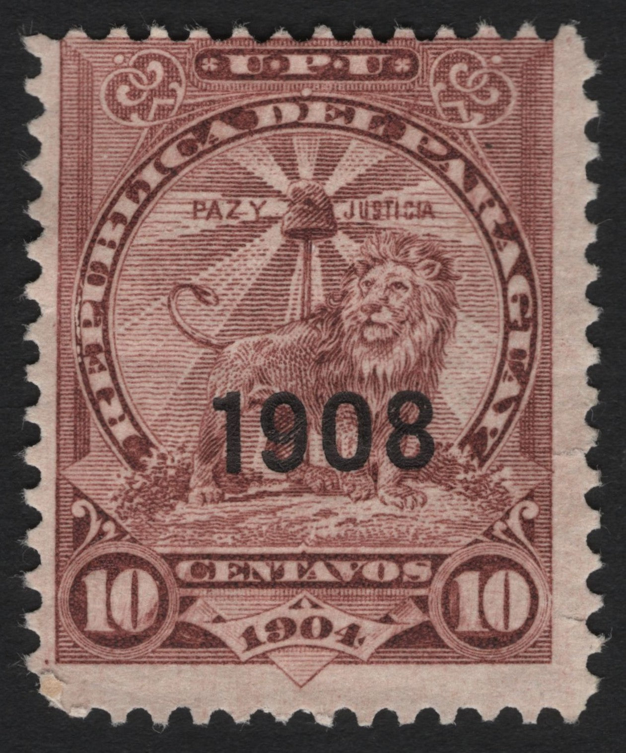 SCG8680 - Paraguay 1908 Overprint on 1904 “Peace and Justice” 10 Centavos Stamp