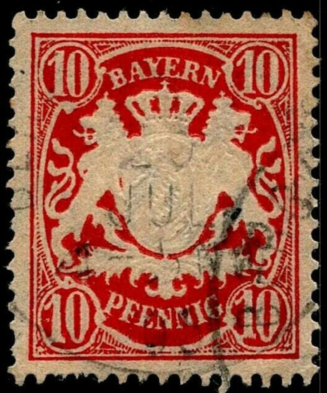 SCG662 - Bavaria 10 Pfennig Coat of Arms Stamp (Used) – Red