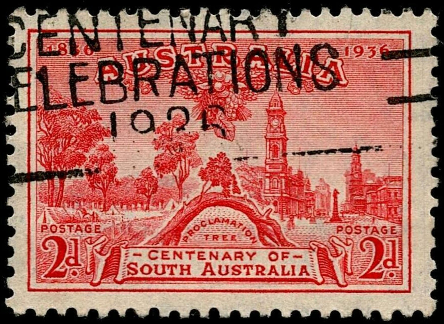 SCG647 - 1936 Centenary of South Australia 2d Stamp (Used) – Proclamation Tree