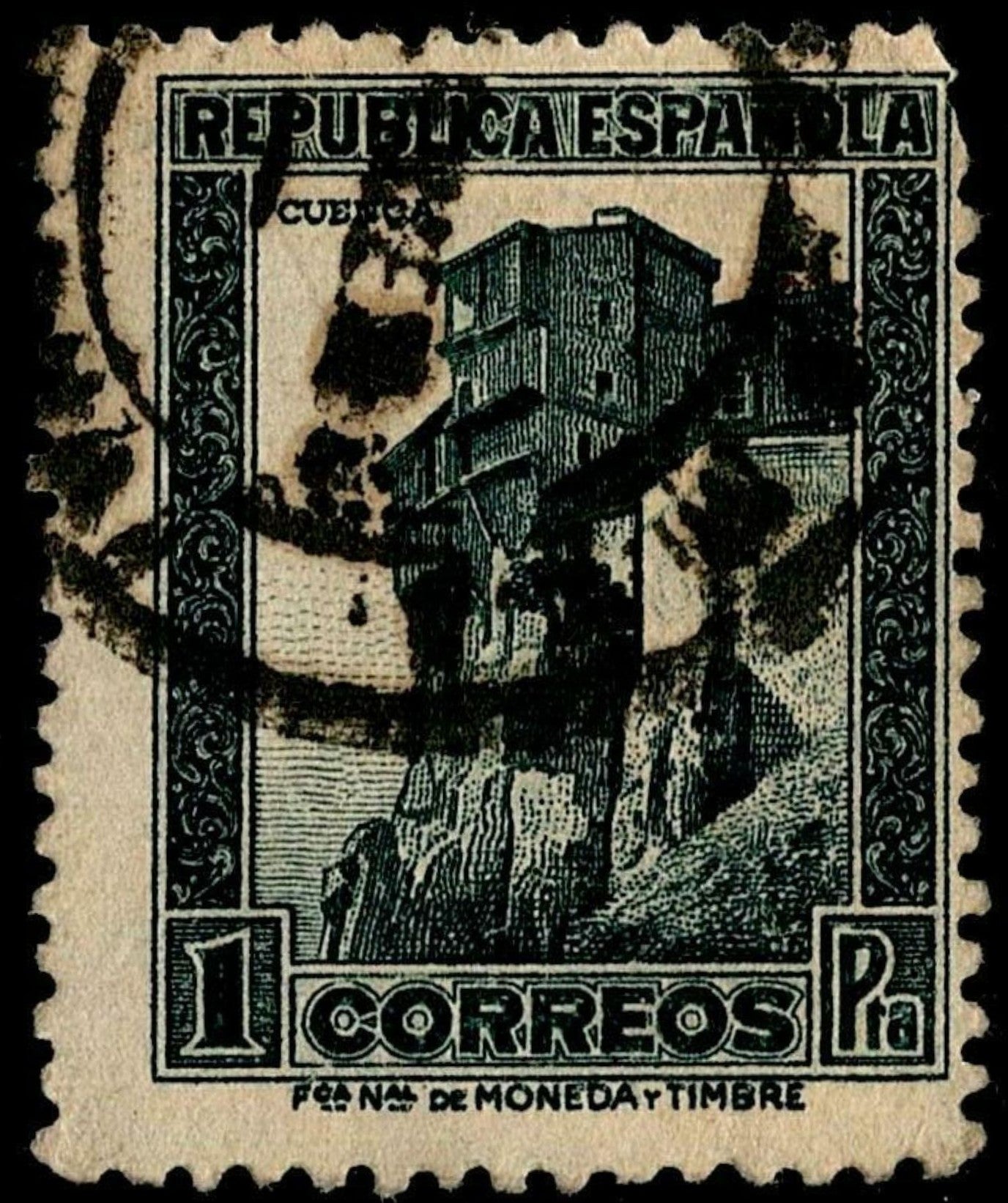 SCG653 - Spanish Republic 1 Peseta Stamp (Used) – Hanging Houses of Cuenca
