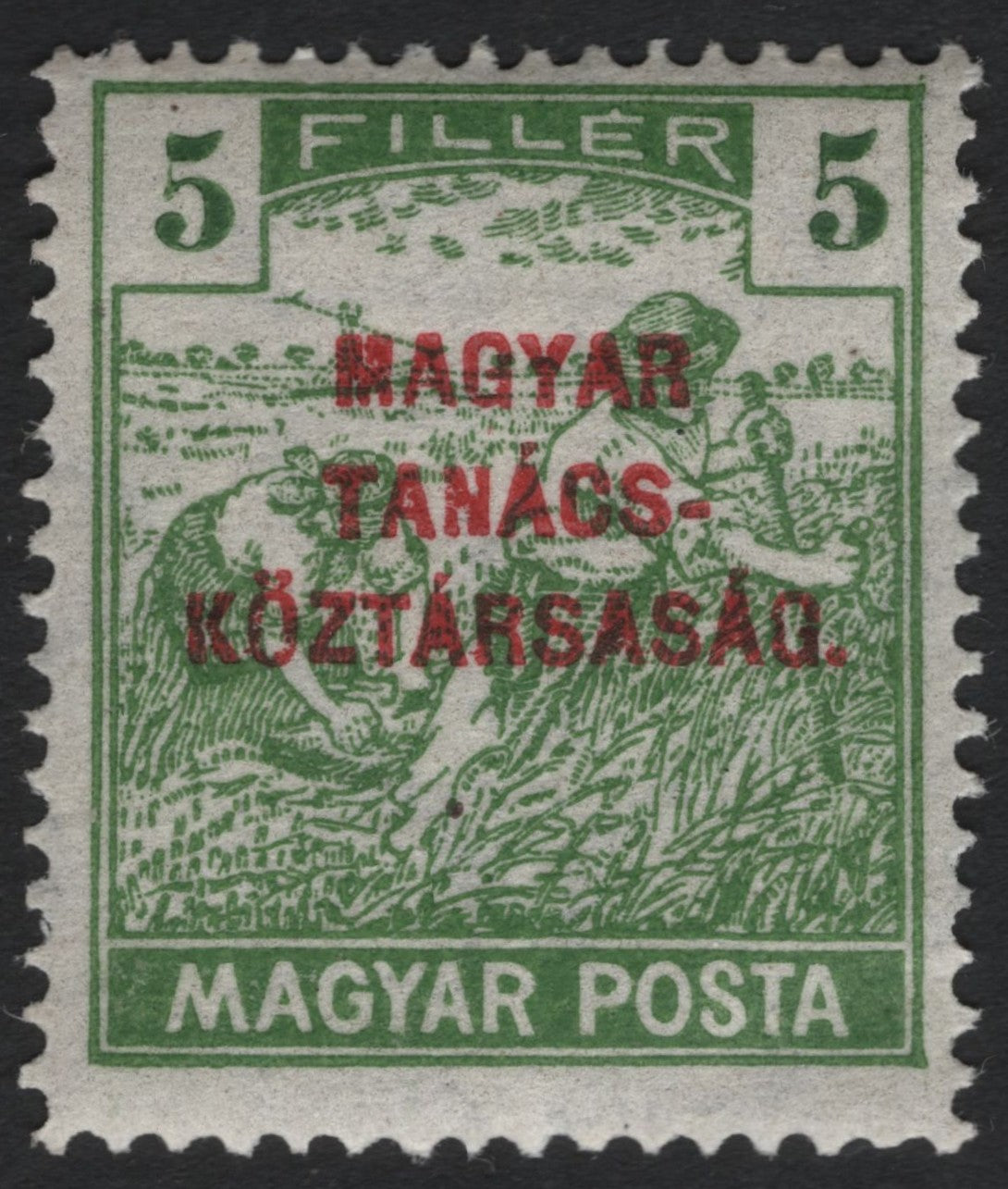 SCG9922 - Hungary 1919 – 5 Fillér Green “Harvesters” with Red Overprint