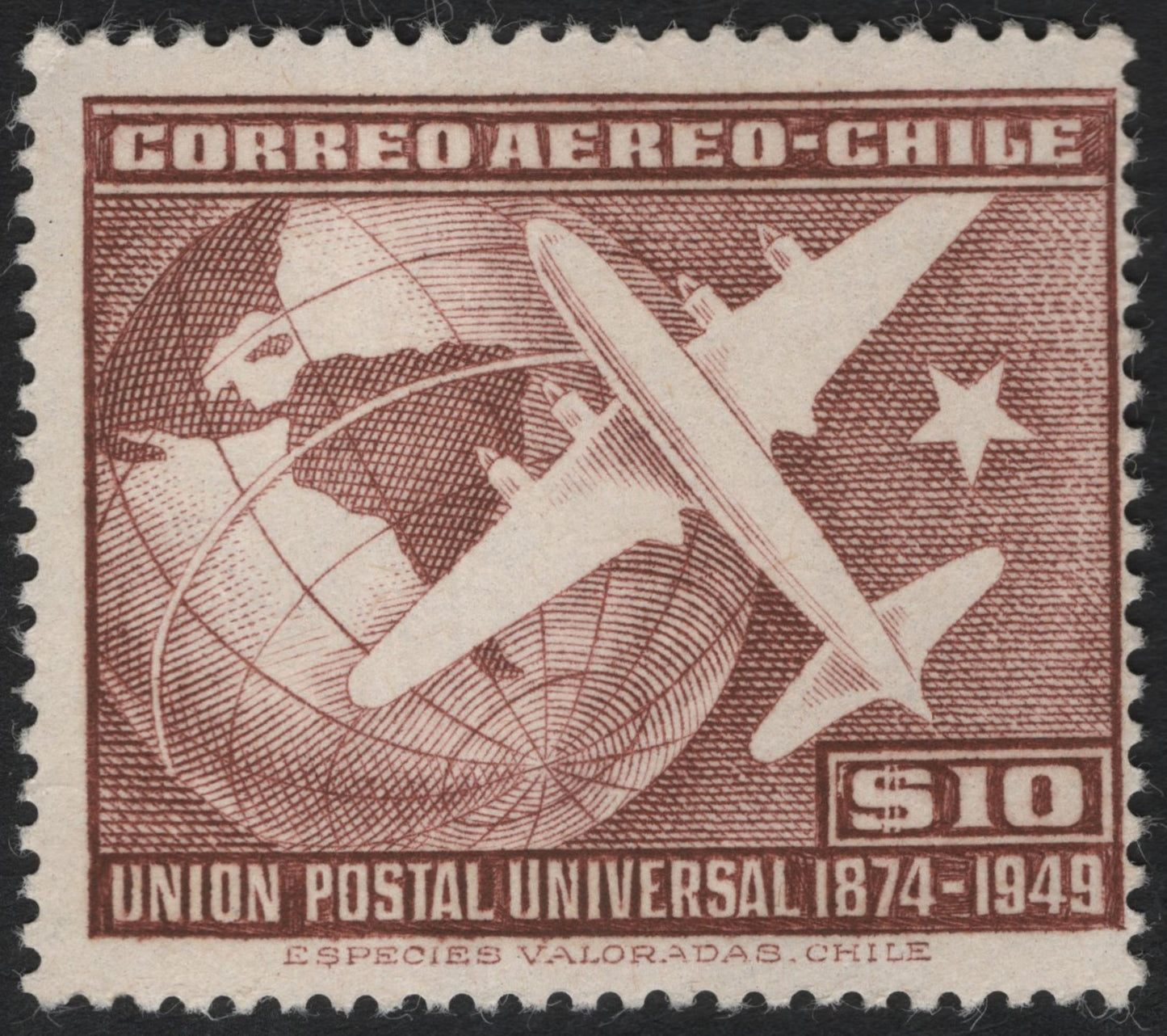 SCG9936 - Chile – 1949 UPU Diamond Jubilee Airmail – $10 Plane Over Globe