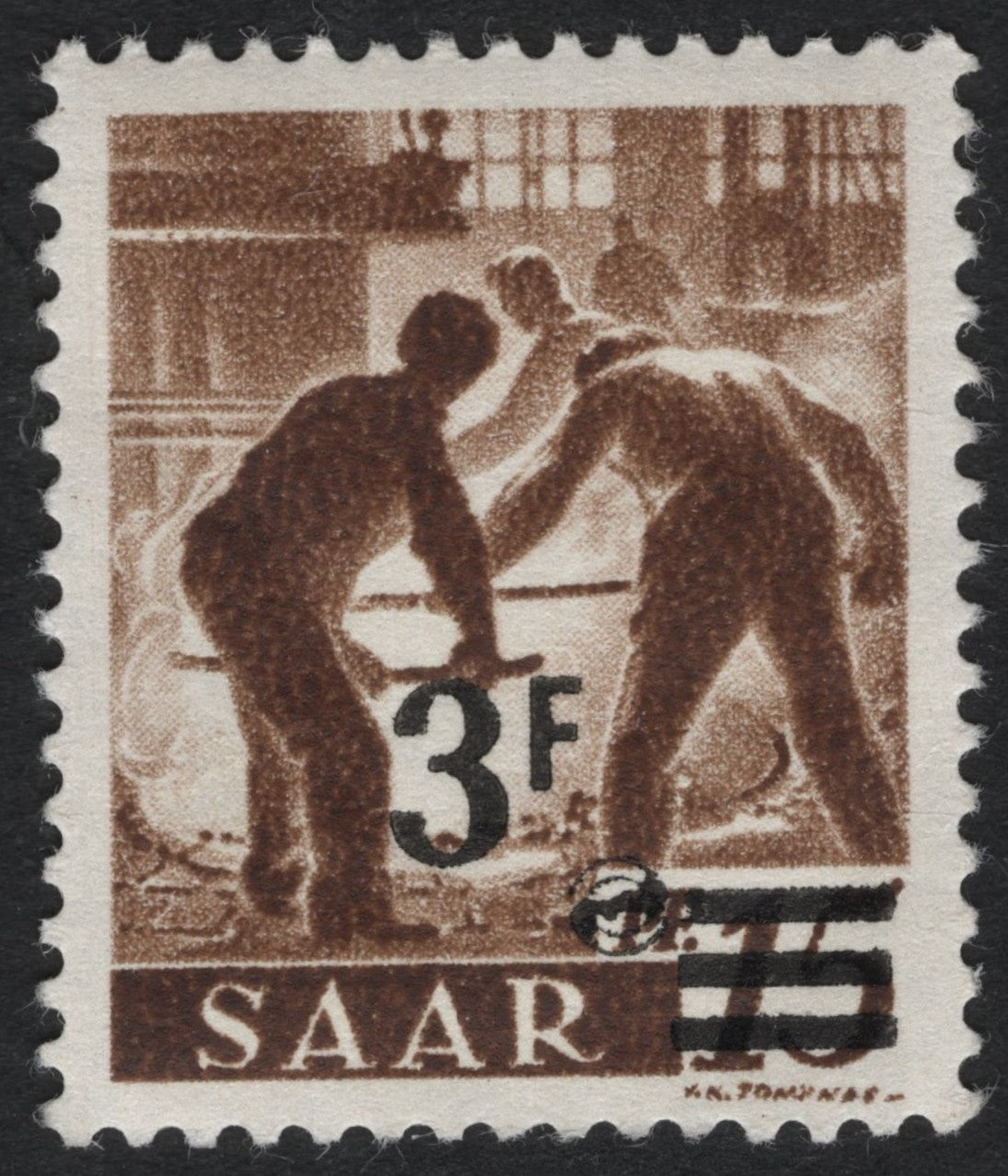 SCG9872 - Saar – 1957 3F Surcharge on 12f “Steelworkers” (Overprint Issue)