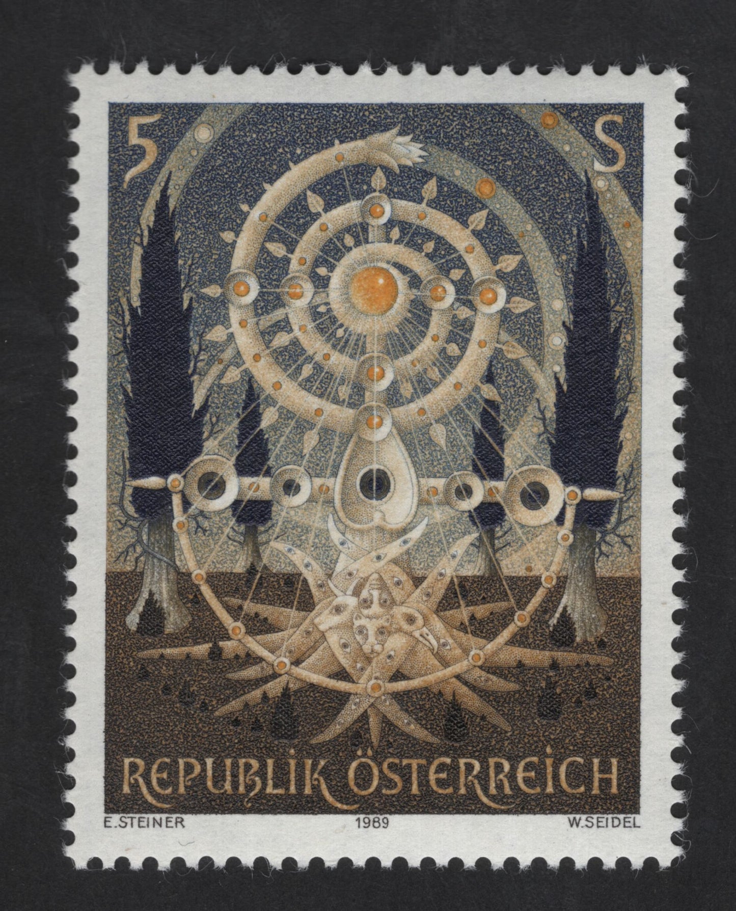 SCG13666 - Cosmic Sun Dial – Austria 5 Schilling Art Stamp (1989)