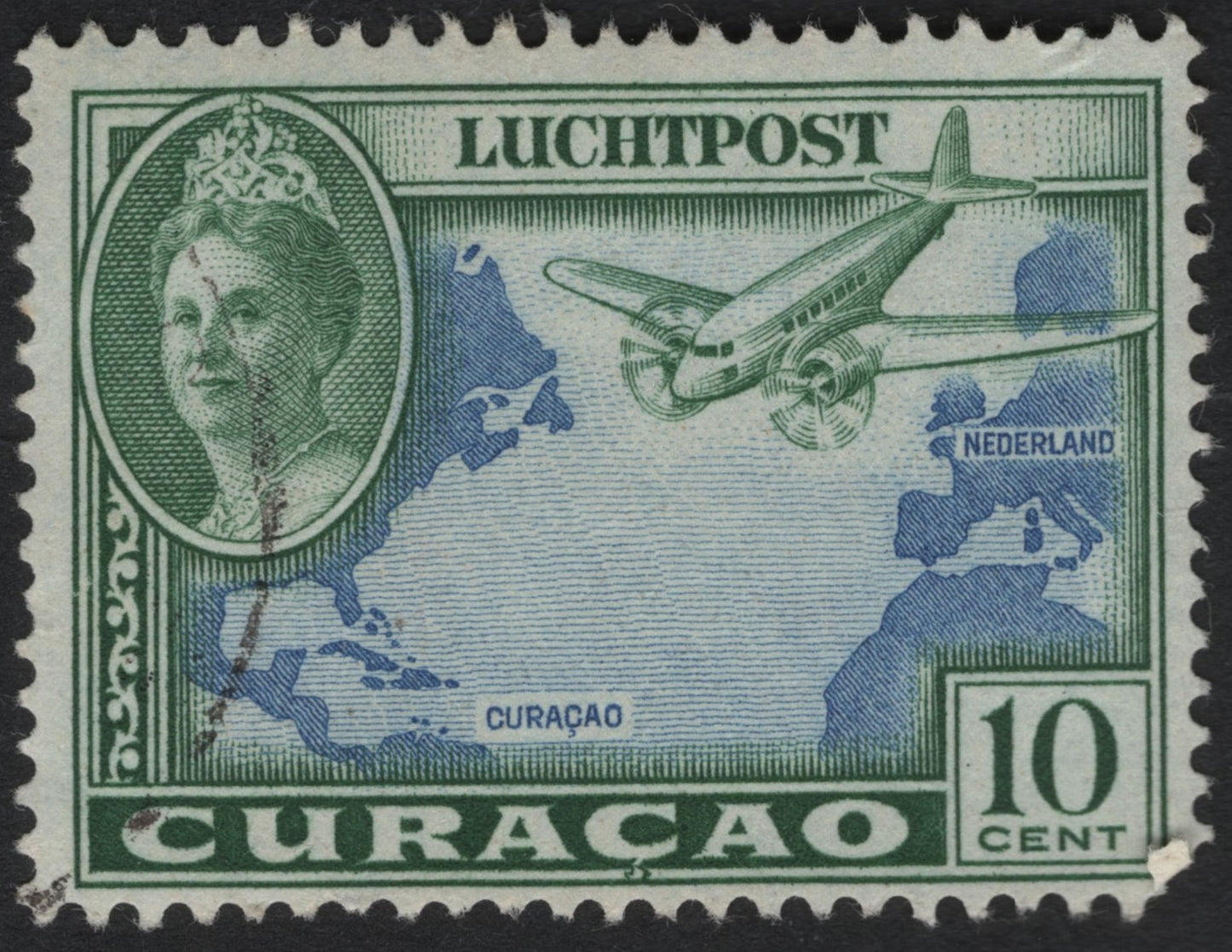SCG8871 - Curaçao 1934 Airmail – Queen Wilhelmina & Transatlantic Route (10c Green & Blue)