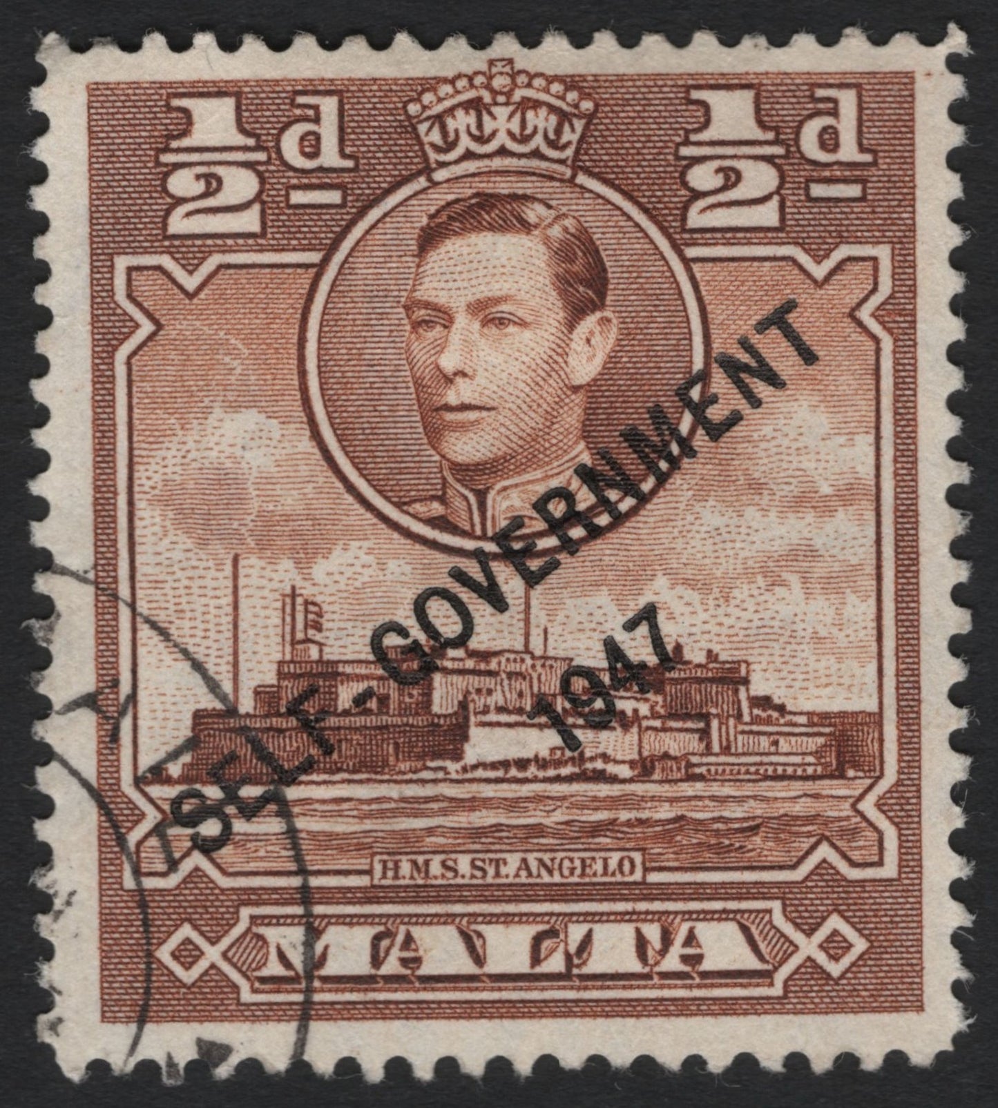 SCG8999 - Malta 1947 Self-Government Overprint – ½d King George VI & H.M.S. St. Angelo