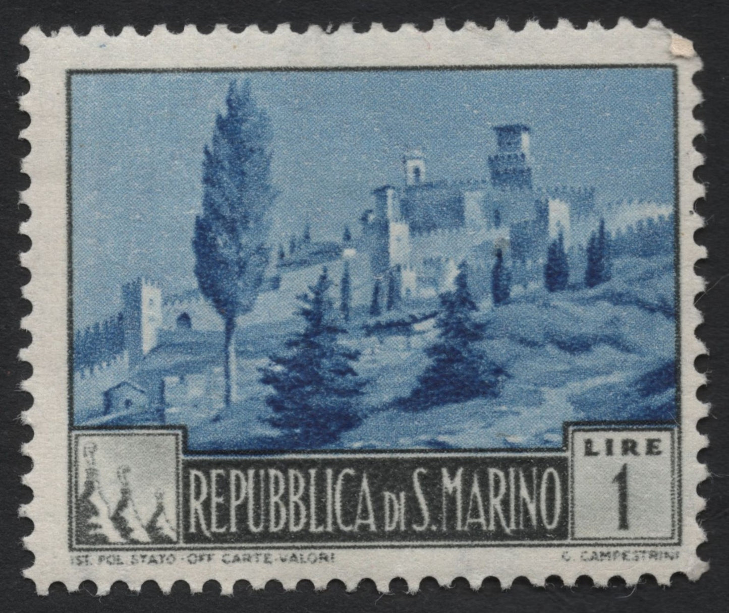 SCG7651 - San Marino 1 Lira Castle View — Early Definitive Issue