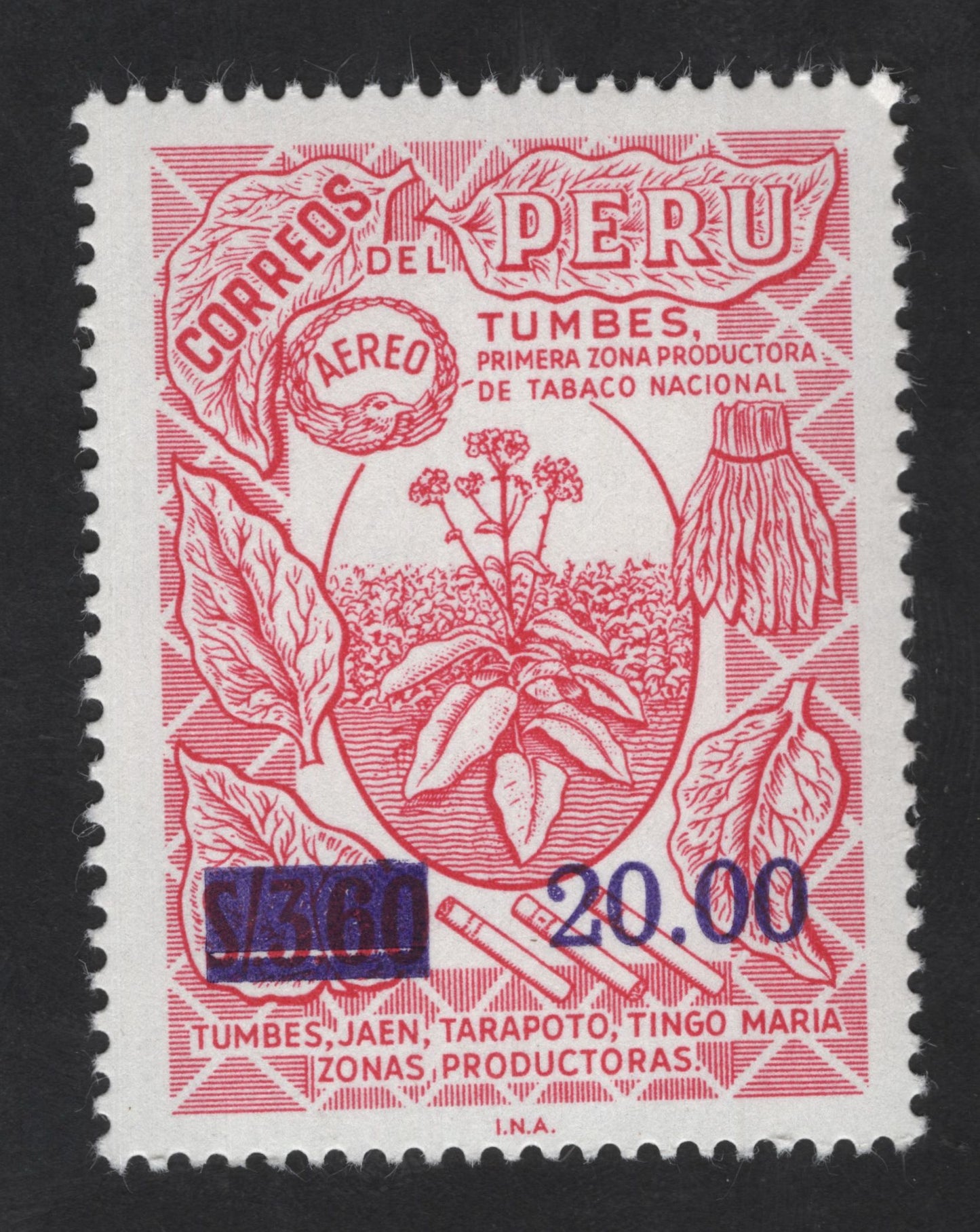 SCG13725 - Peru 20.00 Soles Overprint Airmail Stamp – Tobacco Production (Tumbes Region)