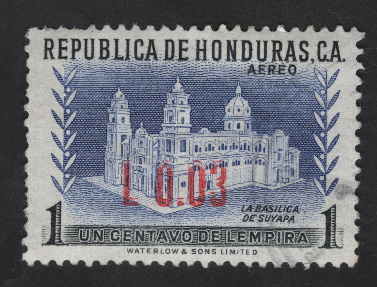 SCG13727 - Honduras 1 Centavo Airmail Stamp – Basilica de Suyapa (Red Overprint L 0.3)