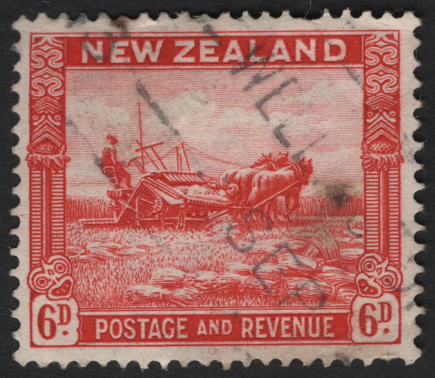 SCG9016 - New Zealand 6d Harvesting Scene – “Farmer with Reaper” (1935 Pictorials)