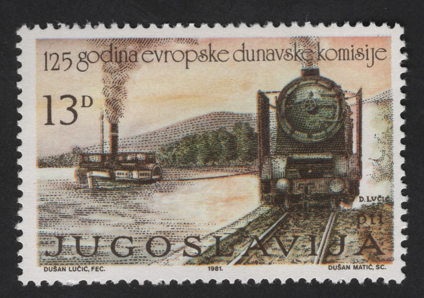SCG13748 - Yugoslavia 13 Dinara 1981 – 125 Years of the European Danube Commission (Steamship & Locomotive)