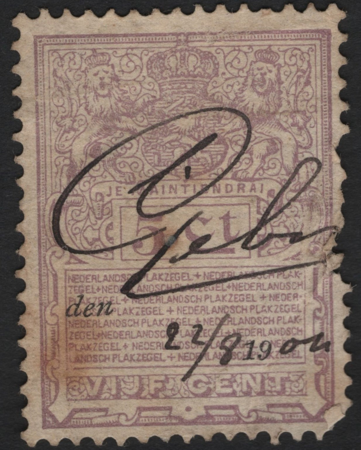 SCG8852 - Netherlands Fiscal Plakzegel – 5 Cent (c.1900–1910)
