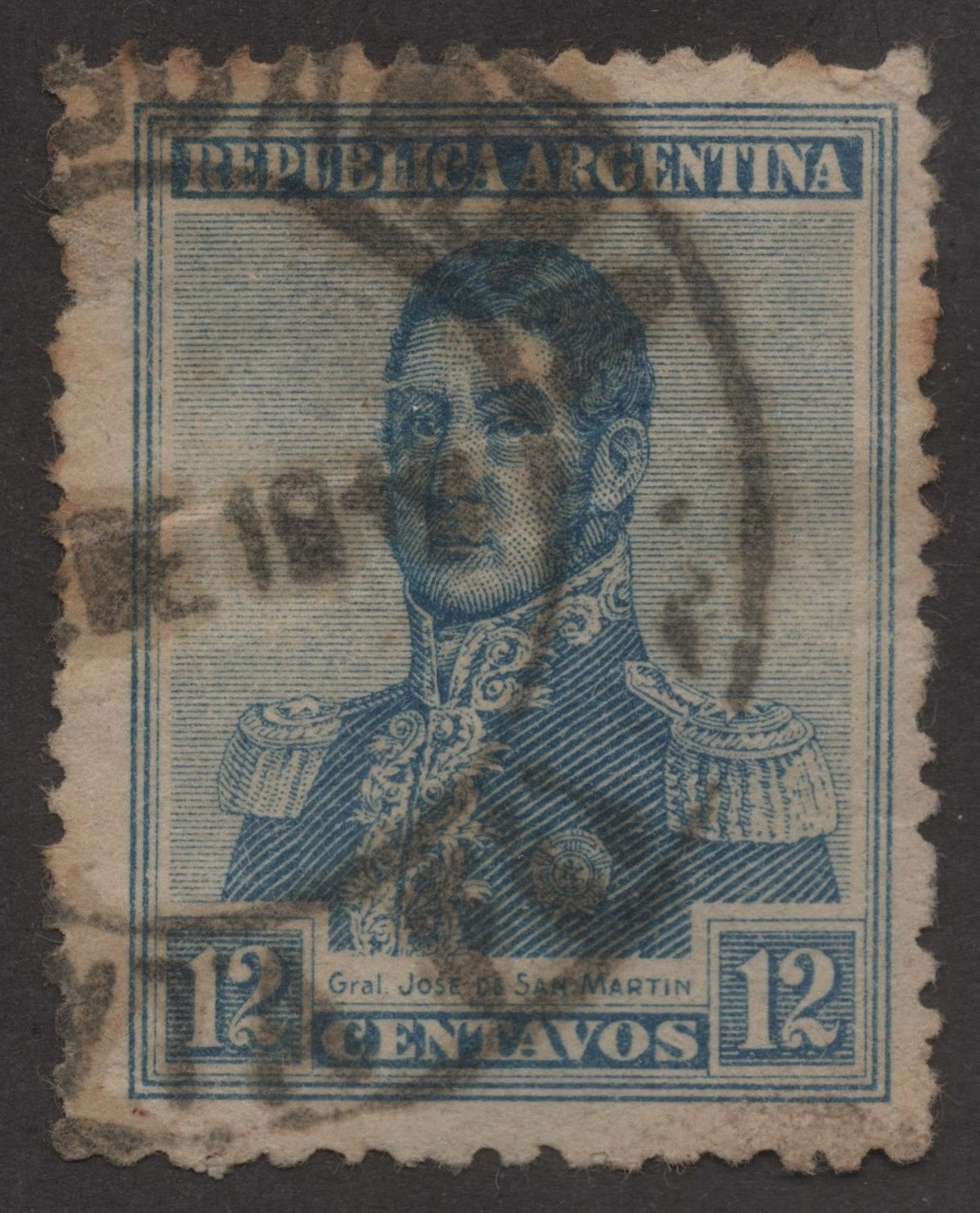 SCG241 Used Argentina 12 Centavos Stamp – General José de San Martín (Blue)