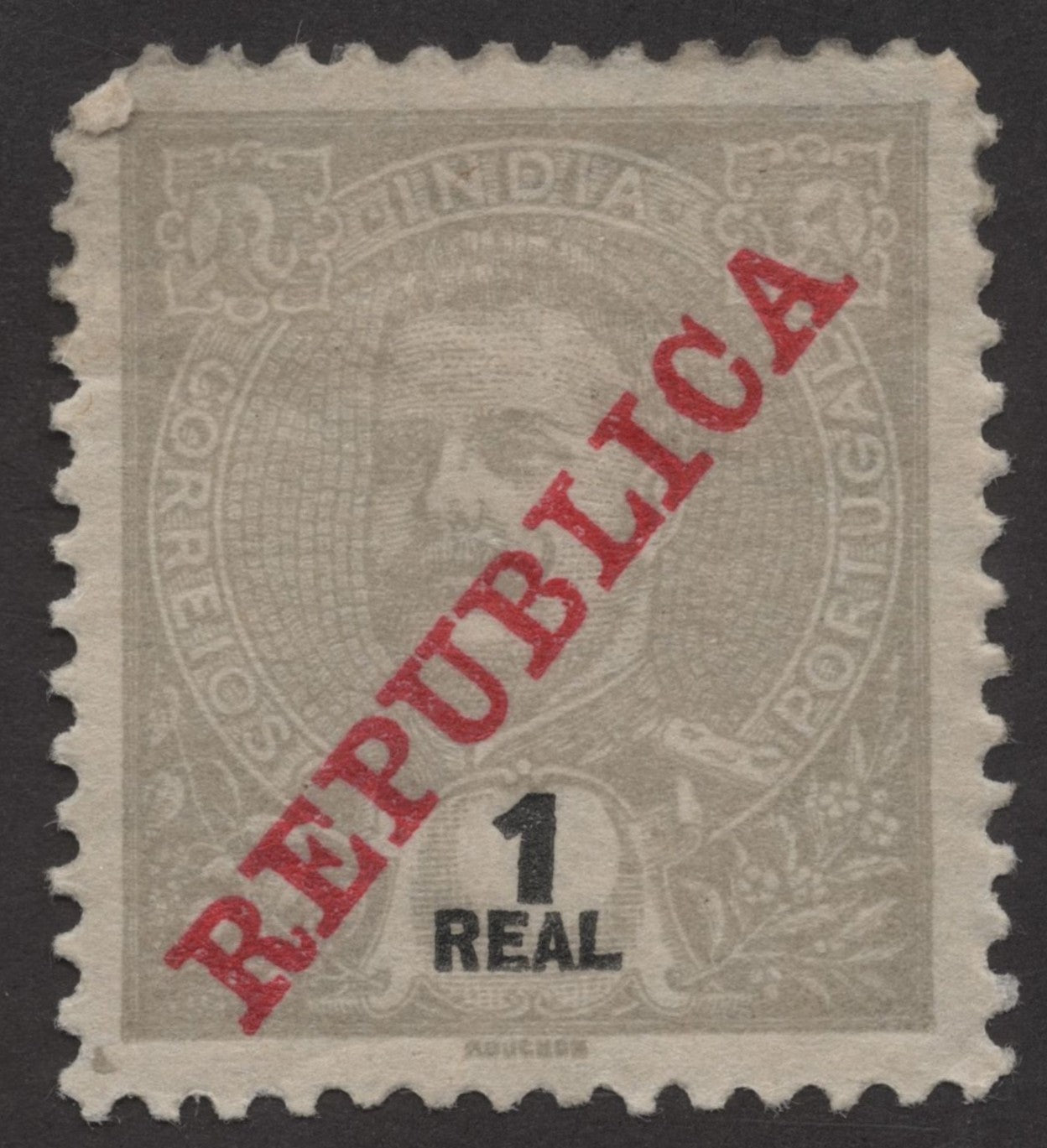 SCG242 Portuguese India 1 Real Overprinted “REPUBLICA” Stamp
