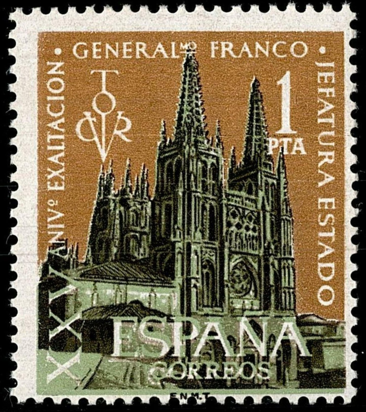 SCG790 - Spain 1 Peseta Burgos Cathedral Franco Era Stamp