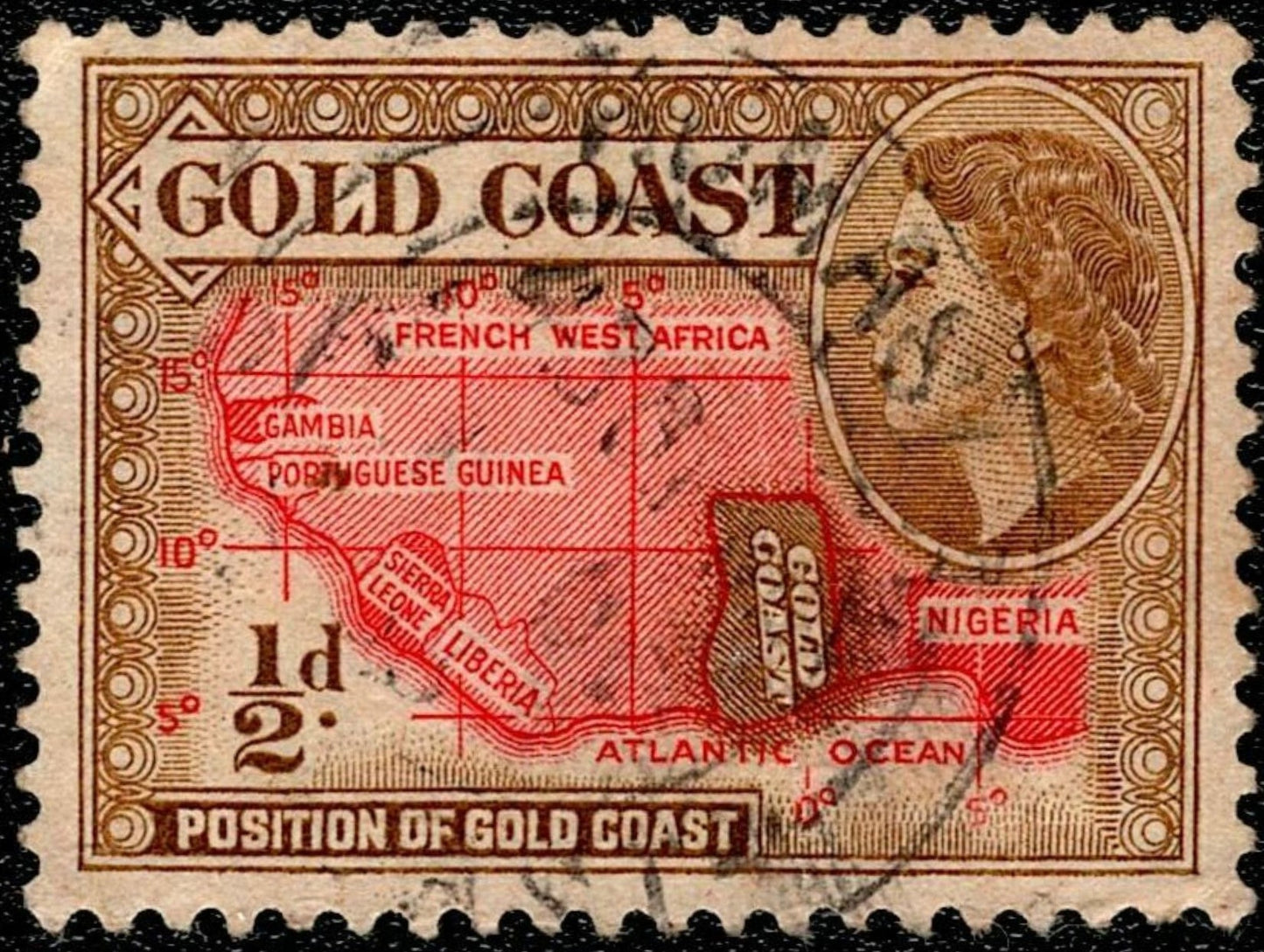 SCG704 - Gold Coast ½d Queen Elizabeth II Map of West Africa Used