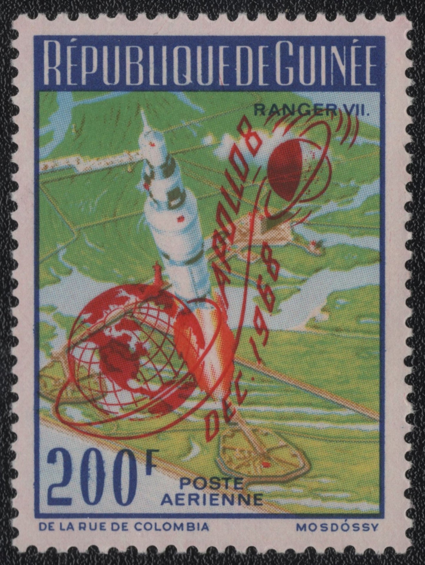 SCG900 - Guinea Airmail Stamp – Apollo 8 Overprint on Ranger VII (1968)