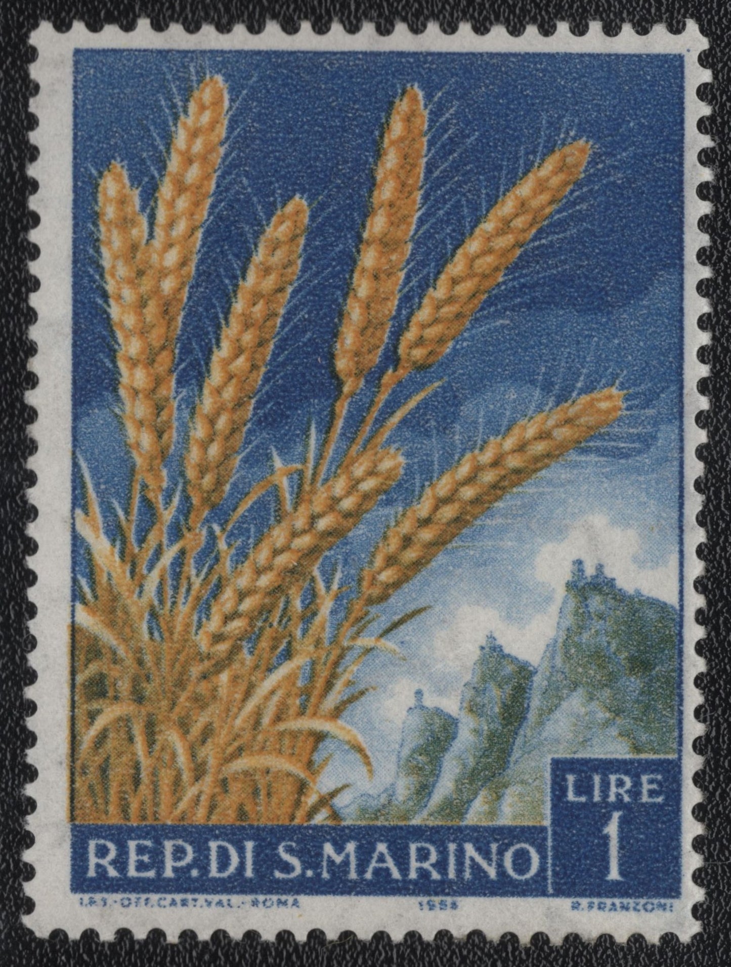 SCG906 - 1955 San Marino 1 Lire Stamp – Wheat and Mountain Peaks