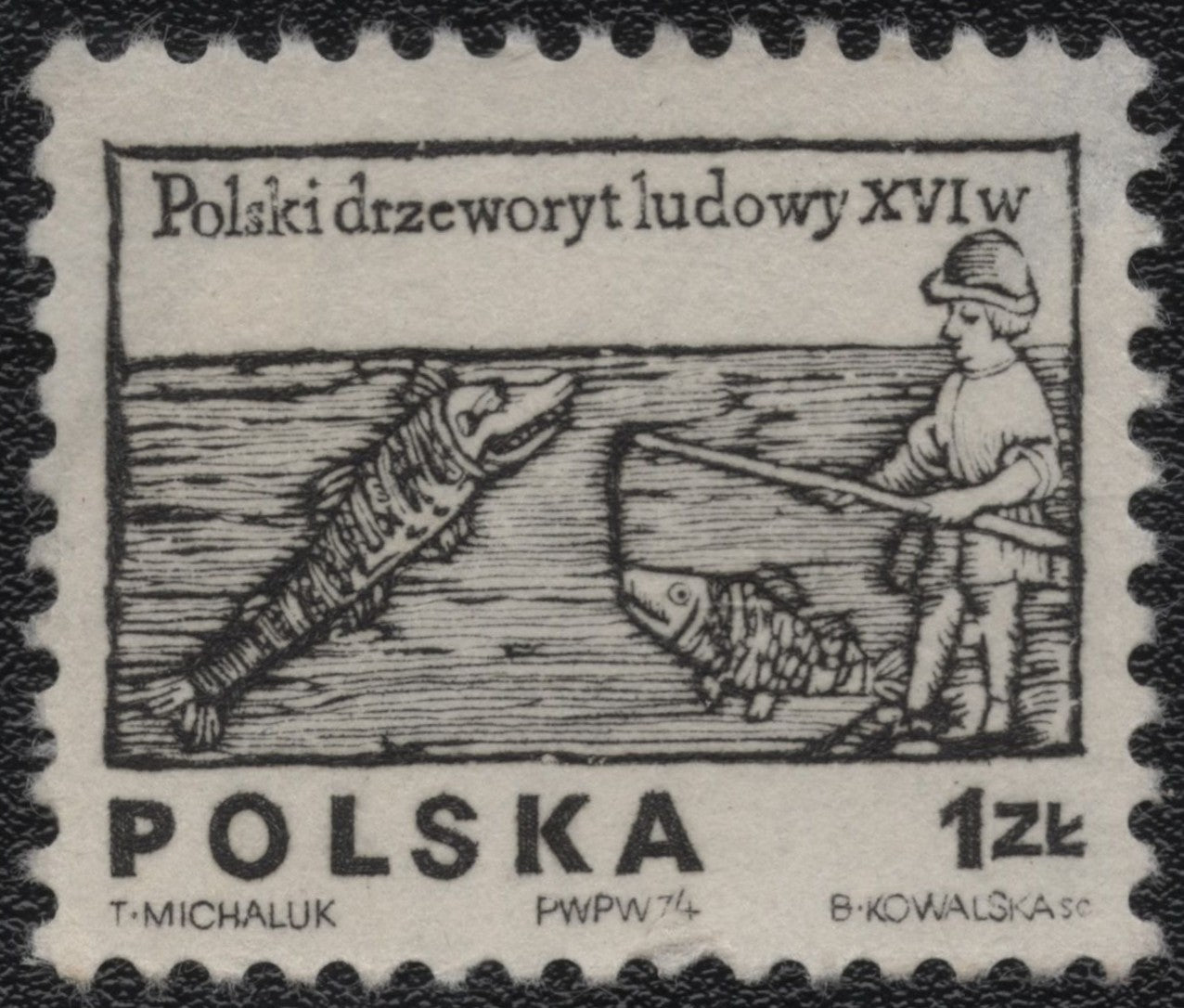 SCG1091 - Poland – 16th Century Folk Woodcut: Fisherman and Fish (1974)