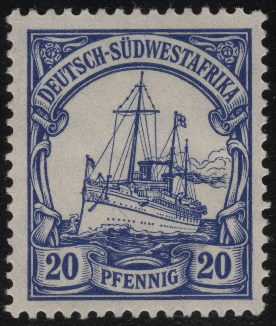 SCG1139 - German South West Africa 20 Pfennig Ship Stamp – Blue on White