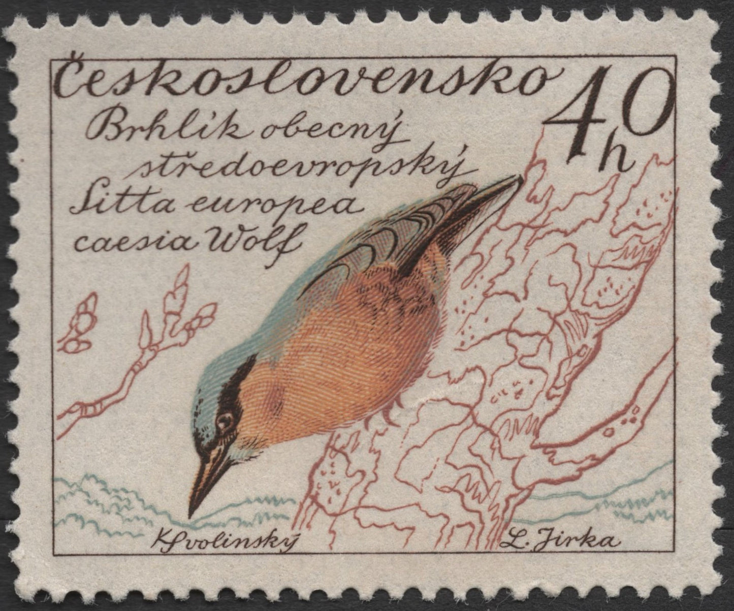 SCG1326 - Czechoslovakia 40h Eurasian Nuthatch Stamp (Sitta europaea)