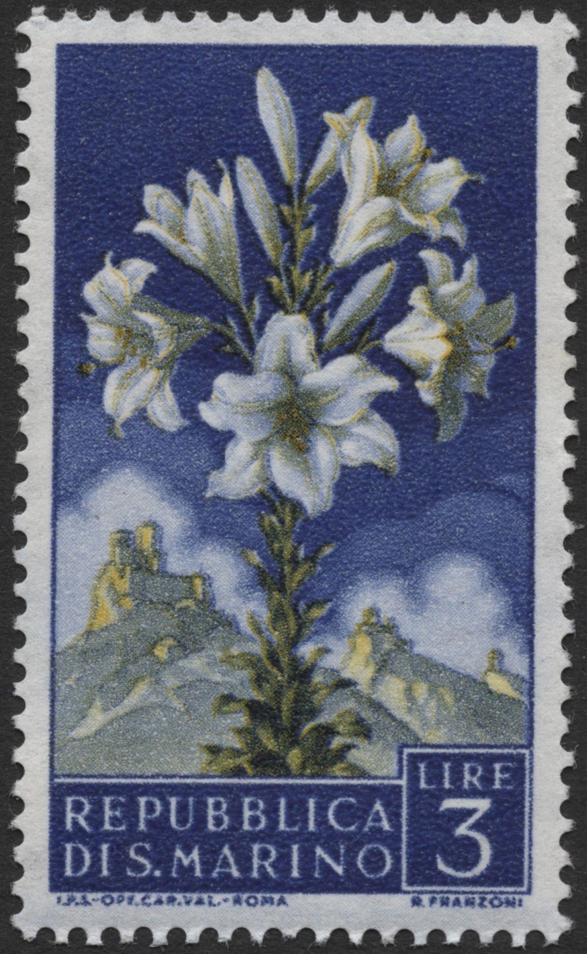 SCG1377 - San Marino 3 Lire Lily Stamp – Castle Background