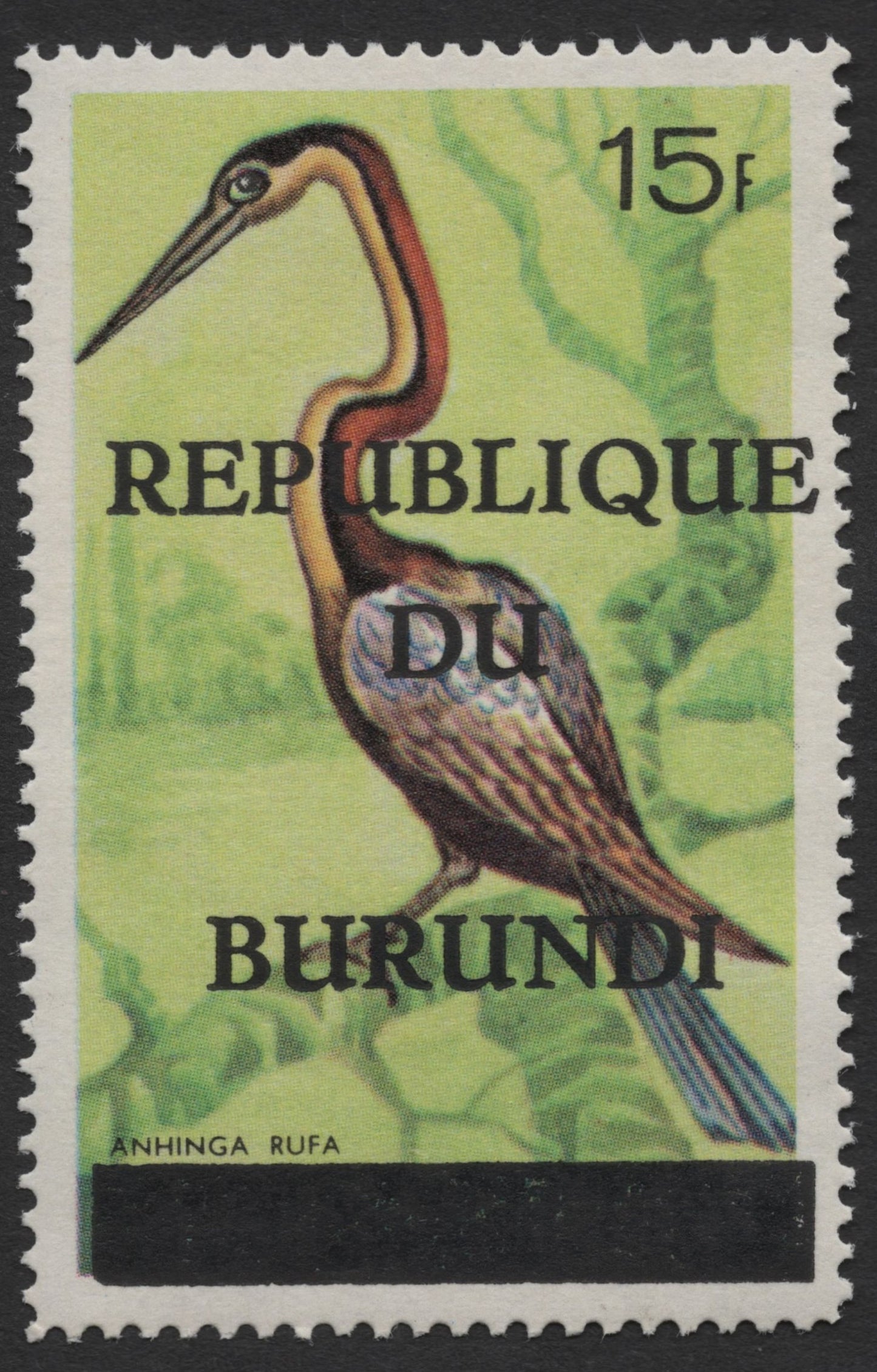 SCG1345 - Burundi 15f Overprint – African Darter (Anhinga rufa)