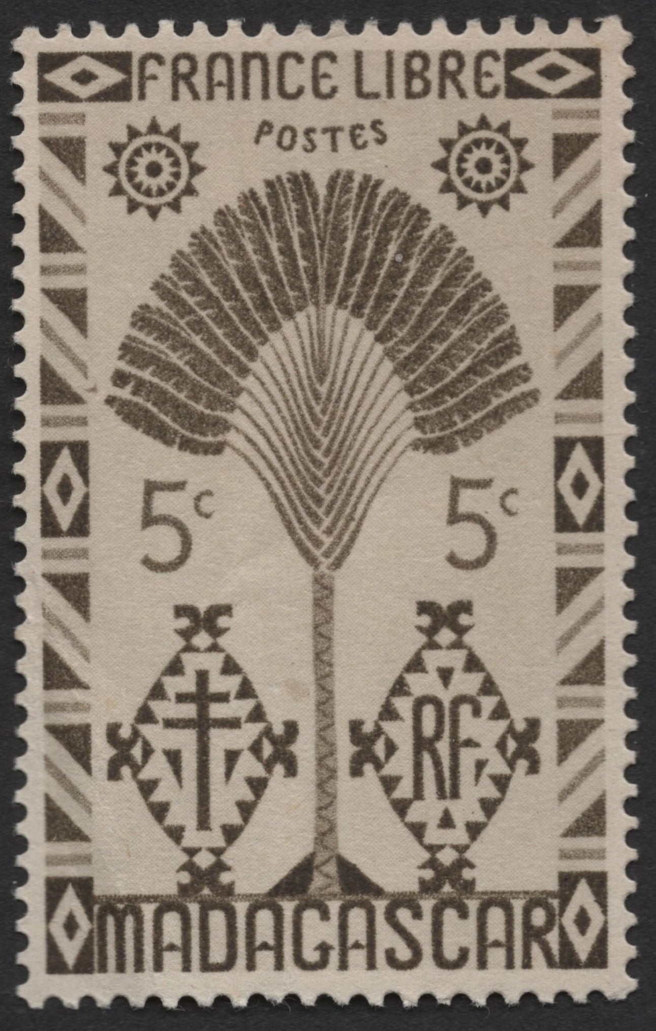 SCG1467 - Madagascar France Libre 5c Stamp – Traveler’s Palm Design (WWII Era)